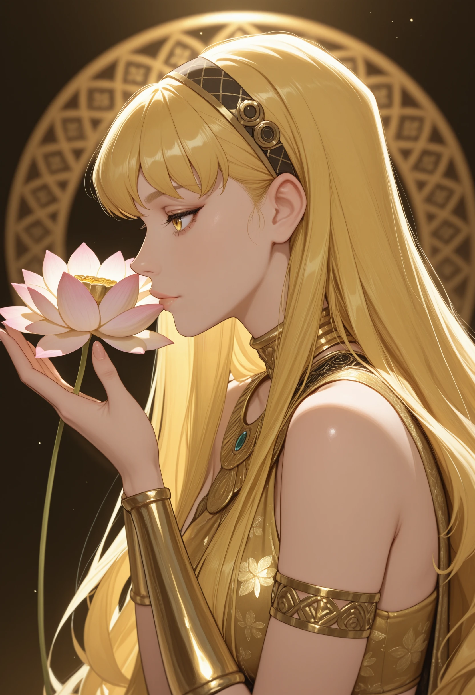 very awa, masterpiece, best quality, absurdres, newest, perfect quality, detailed background, intricate details
<lora:ILWCStell4:1>
WCStell4, 1girl, blonde hair, hairband, yellow eyes, long hair, side profile, flowing hair, smelling a pink lotus, wearing gold indian clothes