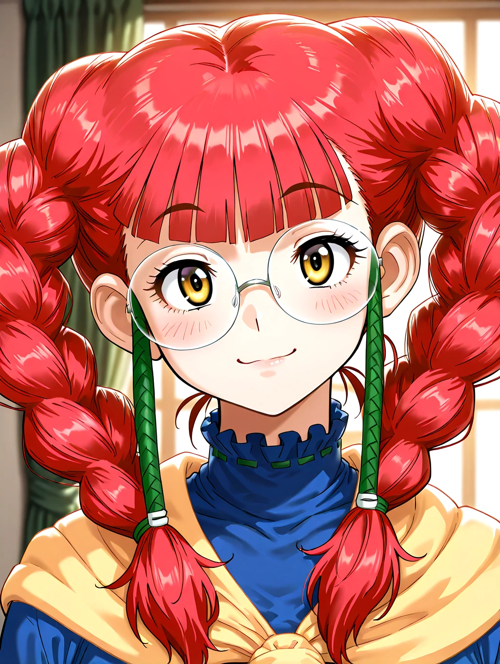 <lora:IL-D2Catherine:1>,d2catherine,1girl,solo,glasses,braid,twin braids,red hair,round eyewear,twintails,yellow eyes,long hair,