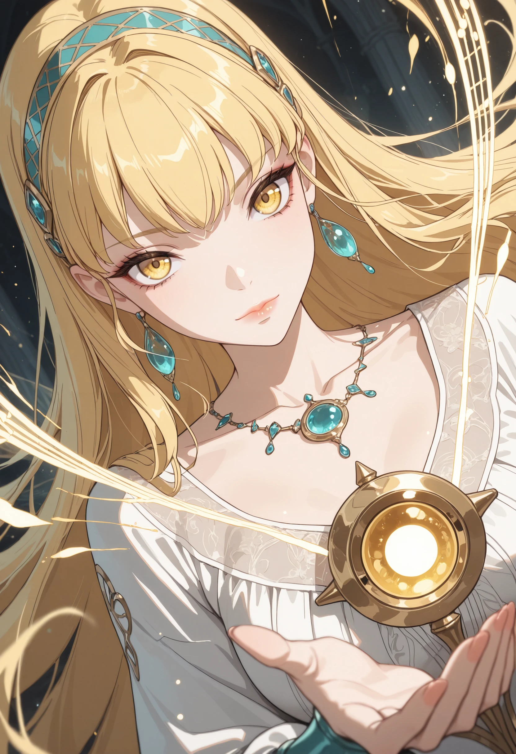 very awa, masterpiece, best quality, absurdres, newest, perfect quality, detailed background, intricate details
<lora:ILWCStell4:1>
WCStell4, 1girl, blonde hair, hairband, yellow eyes, long hair, best_quality, absurdres, ultra-detailed, highly_aesthetic, 8K, UHD, highly_detailed_eyes, depth_of_field, subject_focus, dutch_angle, BREAK, beauty, magical, dynamic motion, feather_fall, cinematic, neckline, music, art, looking at viewer, magic, elemental