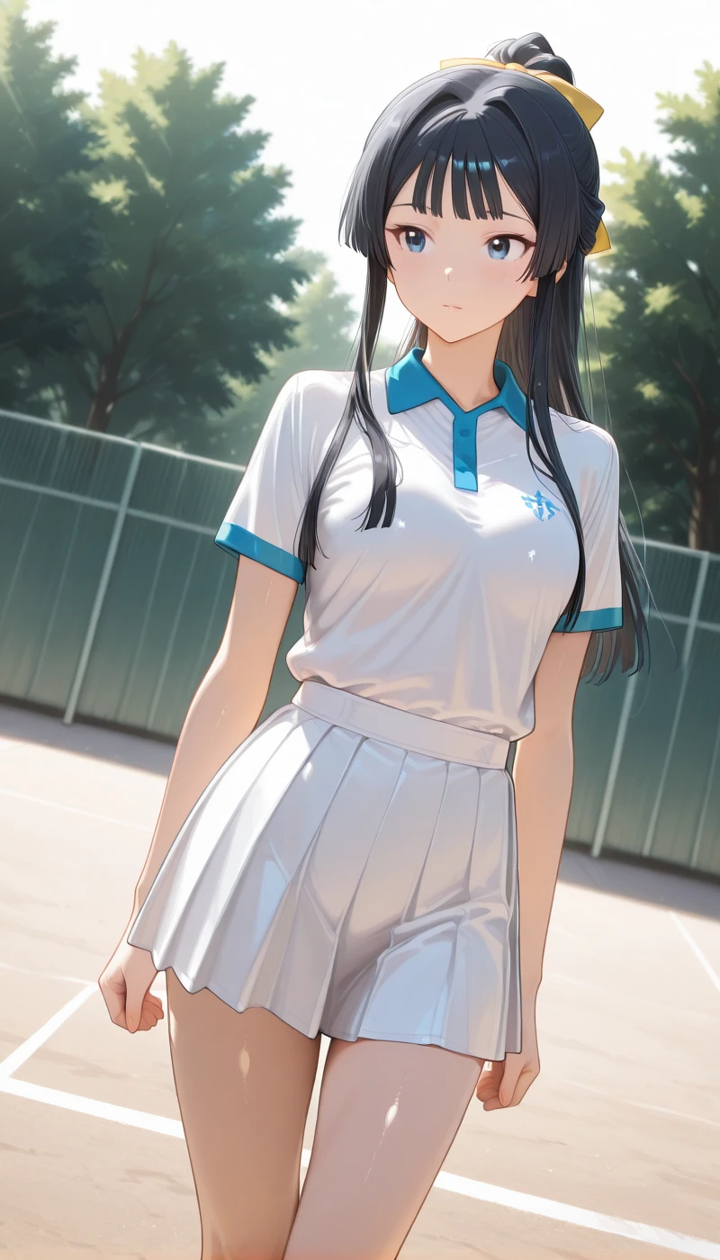 <lora:LCMTurboMix_Euler_A_fix:1> <lora:example_SDXL:0.3>, EZRealPONYXL, <lora:Dramatic Lighting Slider:3>
DSLR,realistic,cosplay photo, (very awa,masterpiece,best quality,year 2024,newest,absurdres,highres:1), realistic,skin texture,facial features, photography shot with Canon EOS 5D Mark IV , realistic, RAW, best quality, masterpiece, amazing quality, skin details,
1girl, highly detailed beautiful face, natural breasts,
detailed background, shiny skin, dutch angle,
beautiful detailed eyes, intricate details, absurdres, anime screencap,
<lora:MogamiSizuka_IdolMaster_ILXL_kill0825:1>
IMMogaSizu, long hair, breasts, blue eyes, black hair, sidelocks, small breasts, hair intakes, hime cut, blunt bangs, medium breasts, half updo,
shirt, skirt, bow, ribbon, white shirt, hair ribbon, ponytail, short sleeves, thighs, hair bow, pleated skirt, collared shirt, bare legs, white skirt, yellow bow, yellow ribbon, sportswear, tennis uniform, miniskirt, blue collar,