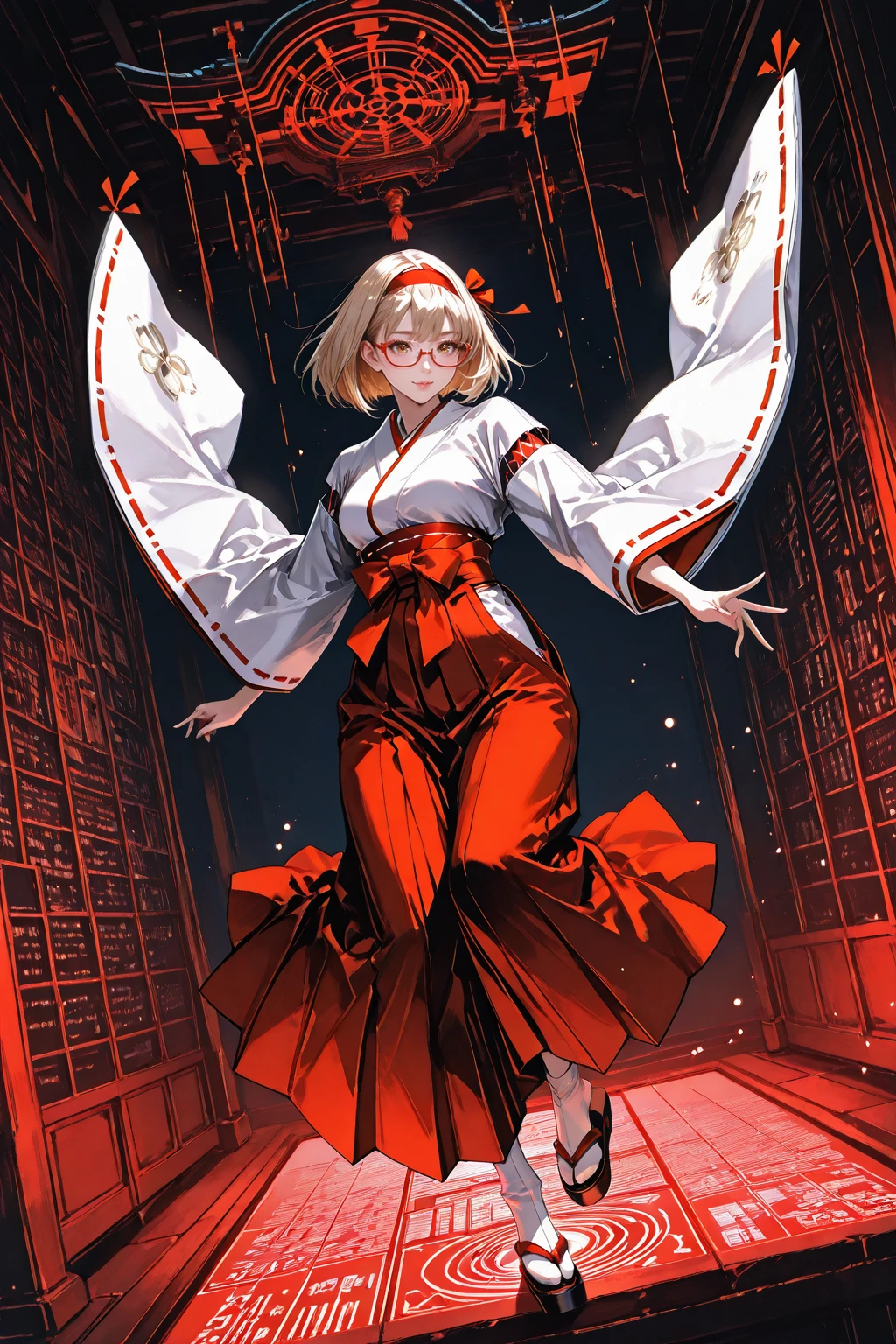 , masterpiece, best quality, good quality, super fine illustration, ultra high res, quality_masterpiece, official art, high-key lighting, highly contrasted, highly color focused, 8K, perfect face, perfect fingers, detailed, soft brightness, high-key lighting, dutch angle, sense of depth, gl1tchm4ng4, lineart, LineAniAF, soft_watercolor, zPDXL3, (Ilya Kuvshinov:0.2), (kon kit:1.0), (oda non:0.2),
<lora:Detailed_eyes:1> <lora:gl1tchm4ng4XLP:0.5> <lora:LineAniRedmondV2-Lineart-LineAniAF:0.5> <lora:a7b03fff-c393-4eb8-b501-dfcf2f445dbf.TA_trained:0.5> <lora:Detail_Tweaker_Illustrious_BSY_V3:0.8>
1 girl, solo, Thirties, Japanese, Blonde, Bob cut, side parted, glasses, ((Red frame glasses)), Slender body, , hostess makeup, Long lashes, dark brown eyes, black headband, no earrings,
(Cyber ââShrine Maiden, Red hakama, white kimono, Japanese clothes, shrine maiden, shrine maiden costume, white tabi socks, sandals with red straps, full body, floating, dynamic pose:1.3),
(Dark background, Cyber ââshrine maiden, data manipulation, floating binary code, matrix style data stream, holographic shrine, neural network pattern, pale light circuit diagram floating in the air, Data stream effect, digital particles, cyber glow, holographic reflection),
<lora:7db47755-fcdb-4e42-a00e-e3c9d6219f9b.TA_trained:0.4> ume,