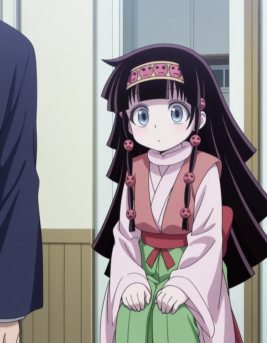 masterpiece, best quality, amazing quality,, <lora:hxh-alluka-anime-illustriousxl-lora-nochekaiser:1>, hxh alluka, long hair, blue eyes, black hair, hair ornament, hairband, blunt bangs, anime screencap,, long sleeves, japanese clothes, wide sleeves, kimono, sash, hakama, green hakama, multicolored clothes, hands on own knees, house, home, family, rooms, yard, cowboy shot, solo, looking at viewer,