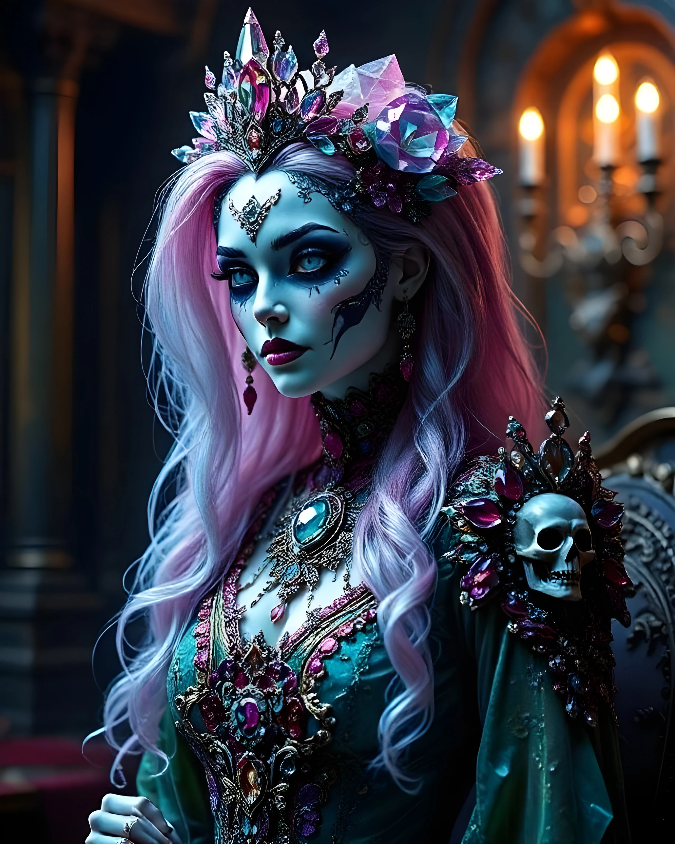 A regal figure adorned with an elaborate crown decorated with colorful crystals and gemstones, featuring long, flowing lavender hair. The figure's makeup is striking, with pale skin, bold blue eye shadow, and intricate designs on the face. Dressed in a richly detailed gown embellished with vibrant jewels and dark accents, one shoulder bears a skull motif. The background features a dimly lit, gothic setting with ornate decorations and candlelight, enhancing the overall mystical atmosphere.