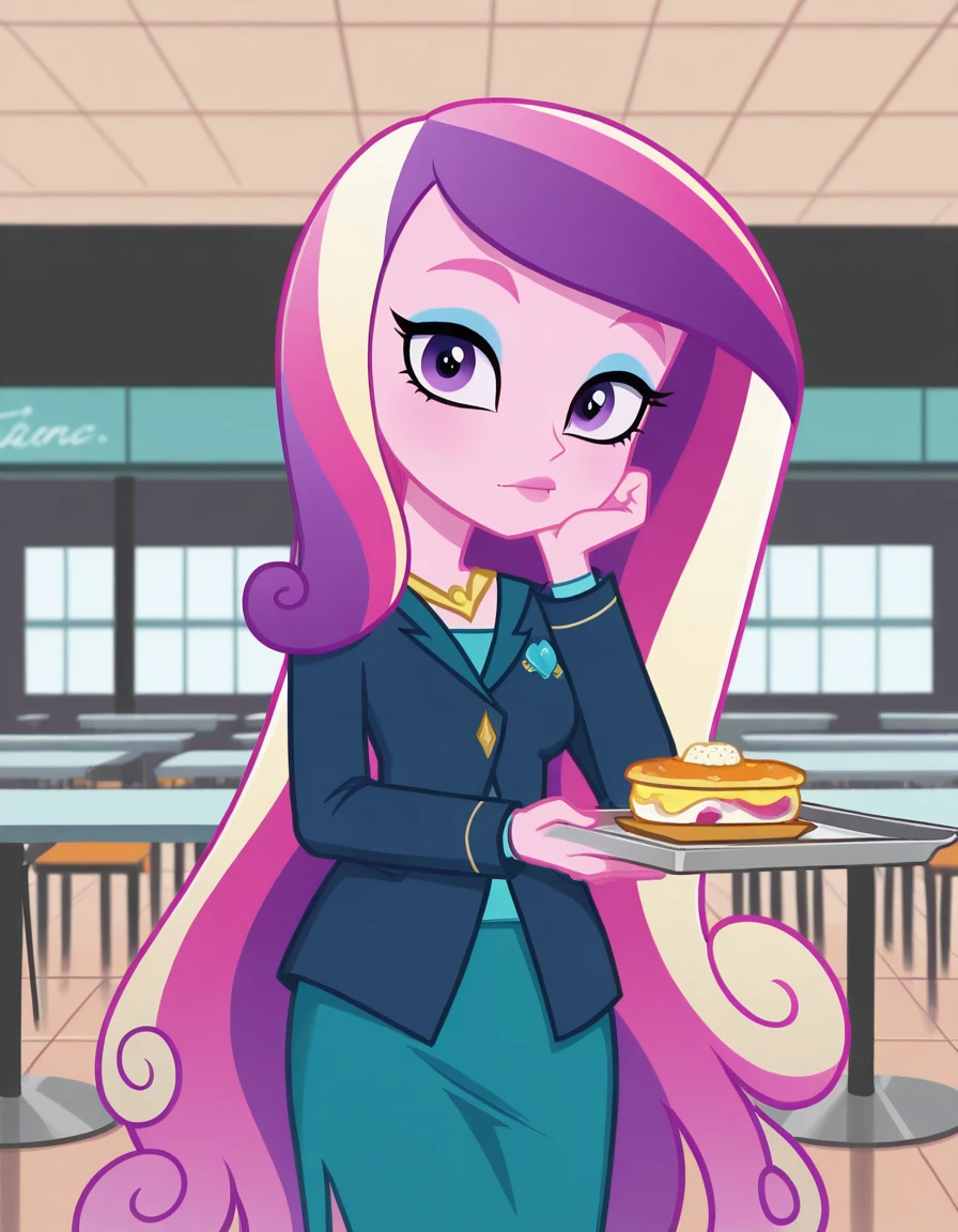masterpiece, best quality, amazing quality,, <lora:dean-cadance-movie-illustriousxl-lora-nochekaiser:1>, cadance, long hair, very long hair, purple eyes, pink hair, purple hair, multicolored hair, two-tone hair, eyelashes, makeup, eyeshadow, skirt, formal, suit,, head rest, cafeteria, tables, food_trays, chairs, line, cowboy shot, solo, looking at viewer,
