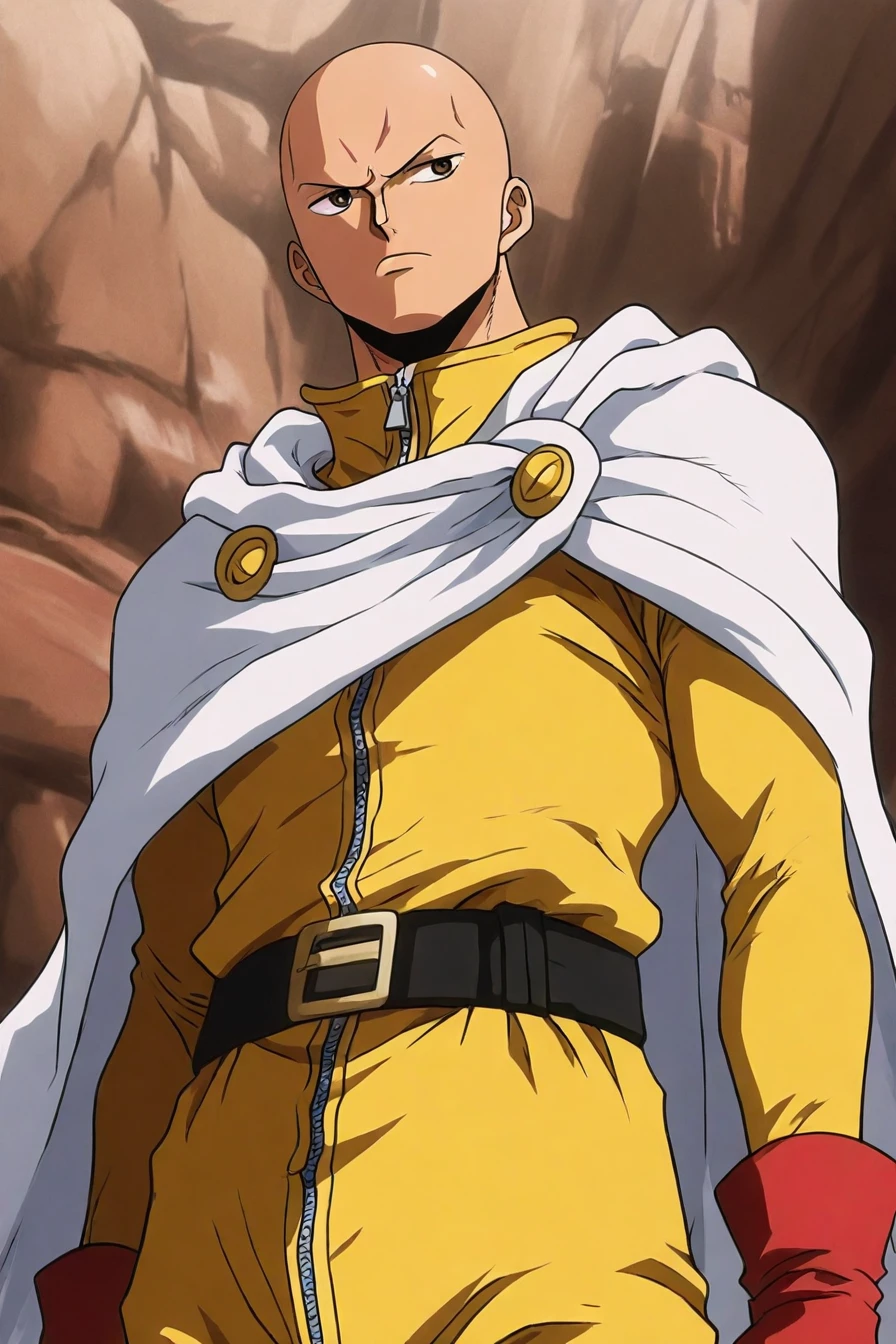 (saitama (one-punch man):0.4), bald, brown eyes, yellow , zipper, black belt, belt buckle, white cape, red gloves, 1boy,solo,alone, <lora:one_piece_style_illustriousXL-000017:1>, one_piece_style, masterpiece, highres