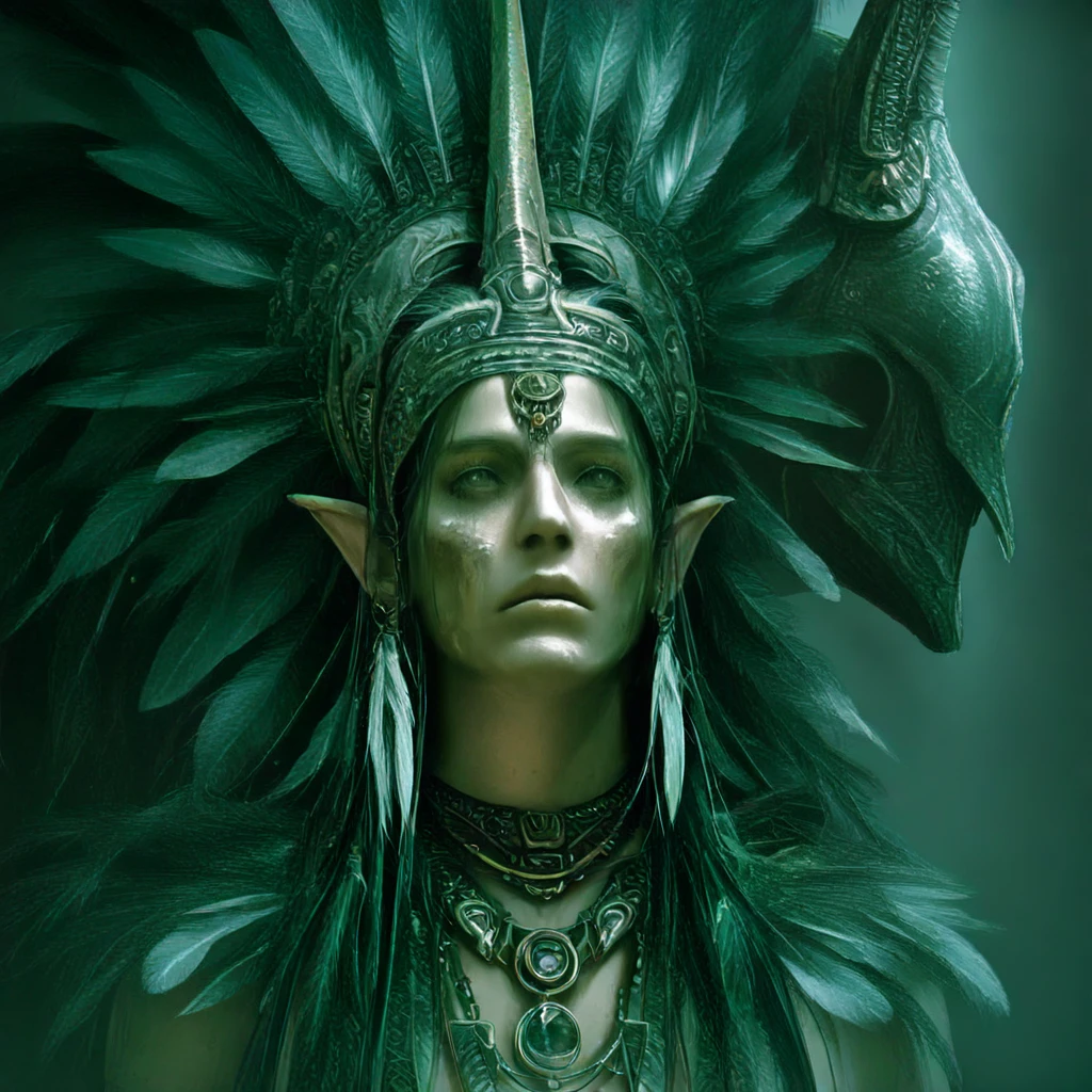 <lora:Dystopian_Mythology_FantasyIllustrious:1> Dystopian Mythology Fantasy, The image shows a man and woman dressed in elaborate costumes with the woman wearing a headdress and the man wearing a mask. The background is dark creating a mysterious atmosphere., horns, 1girl, black hair, long hair, jewelry, pointy ears, feathers, necklace, realistic