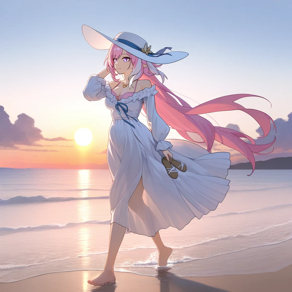 masterpiece, best quality, ultra-detailed, very aesthetic, detailed background, year 2023, very aesthetic, newest, scenery, highres, 4k, absurdres, 8k, colorful,vibrant, glowing, perfect face, 2d, perfect eyes, detailed eyes, 1girl, solo, sun, sky, evening, sunset, clouds, beach, sandals removed, holding sandals, barefoot, shallow water, hand in hair, floating hair, windy, looking ahead, gentle smile, closed mouth, from side, walking, Hi3Pack09, Sum_Ely, elysia_(honkai_impact), pink hair, very long hair, purple eyes, pointy ears, white streaks, steaked hair, clothing cutout, sundress, white dress, pink bra, bra peek, hat ribbon, heart necklace, frilled dress, long skirt, pleated skirt, white skirt, off-shoulder dress, puffy long sleeves, white sleeves, white headwear, sun hat, blue ribbon, long ribbon,
masterpiece, best quality, ultra-detailed, very aesthetic, newest, scenery, absurdres, perfect anatomy, perfect legs, perfect face, perfect eyes, clear eyes, beautiful eyes, perfect feet,