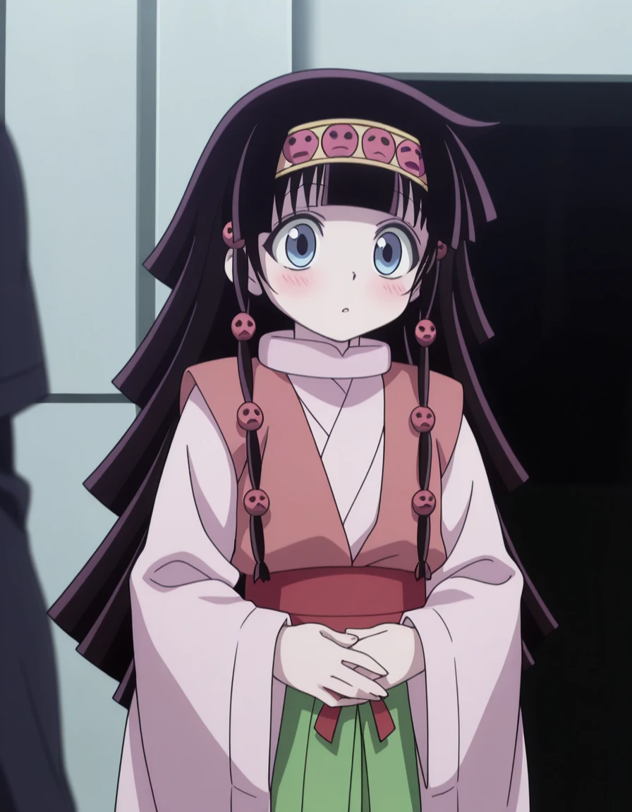 masterpiece, best quality, amazing quality,, <lora:hxh-alluka-anime-illustriousxl-lora-nochekaiser:1>, hxh alluka, long hair, blue eyes, black hair, hair ornament, hairband, blunt bangs, anime screencap,, long sleeves, japanese clothes, wide sleeves, kimono, sash, hakama, green hakama, multicolored clothes, hand on stomach, blush,, museum, exhibits, art, history, visitors, cowboy shot, solo, looking at viewer,