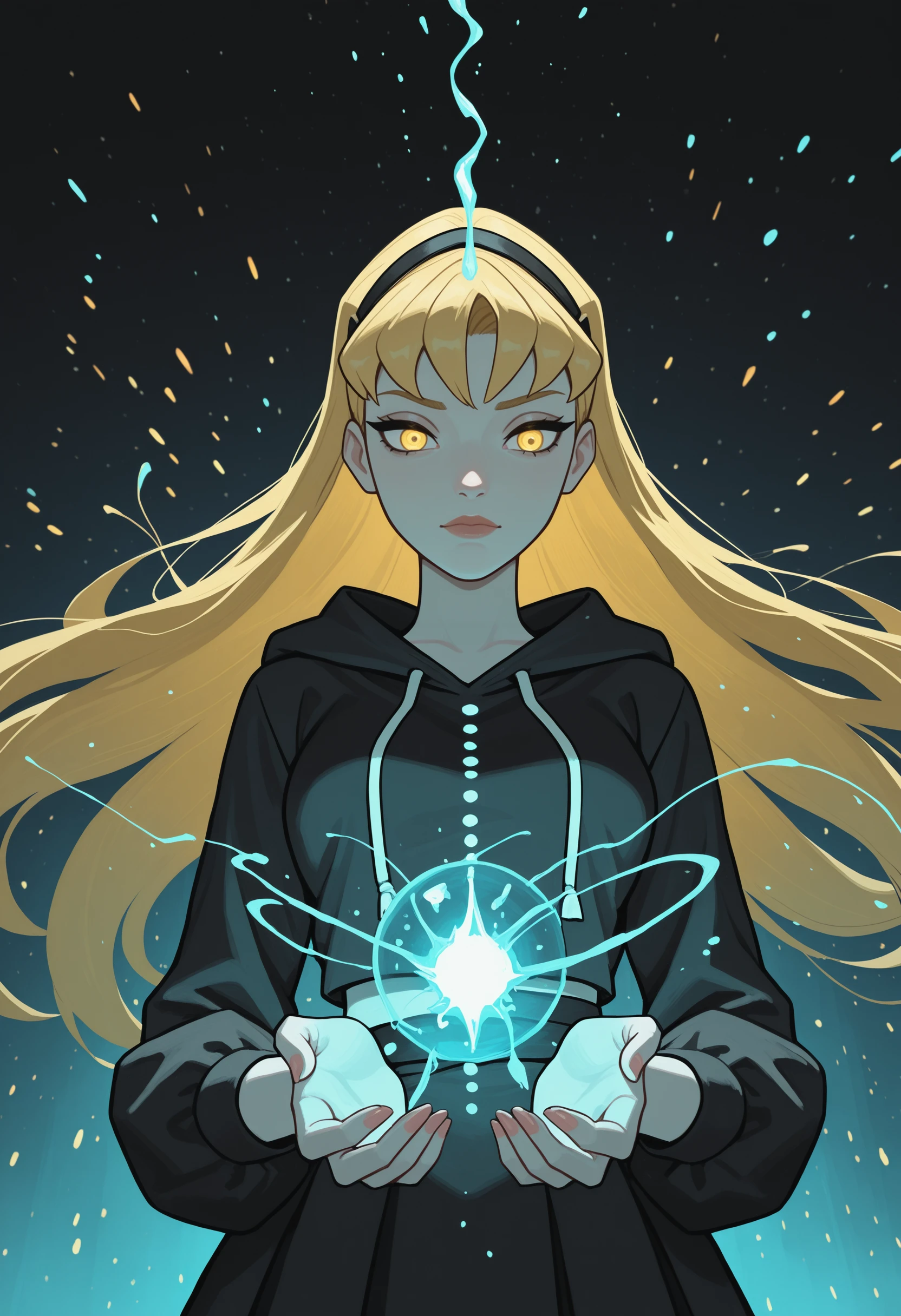 very awa, masterpiece, best quality, absurdres, newest, perfect quality, detailed background, intricate details
<lora:ILWCStell4:1>
WCStell4, 1girl, blonde hair, hairband, yellow eyes, long hair, water, black skirt, skirt, hood, hood down, hooded dress, solo, blue water, pov_eye_contact, magic, water droplet, hooded, BREAK, white abstract background, black backdrop with soft gradient, glowing white embers, neon reflections, dramatic lighting from below, white and black mystical atmosphere, ember particles in the air, sharp white accents, moody cyber ritual glow, cinematic dark background ambiance