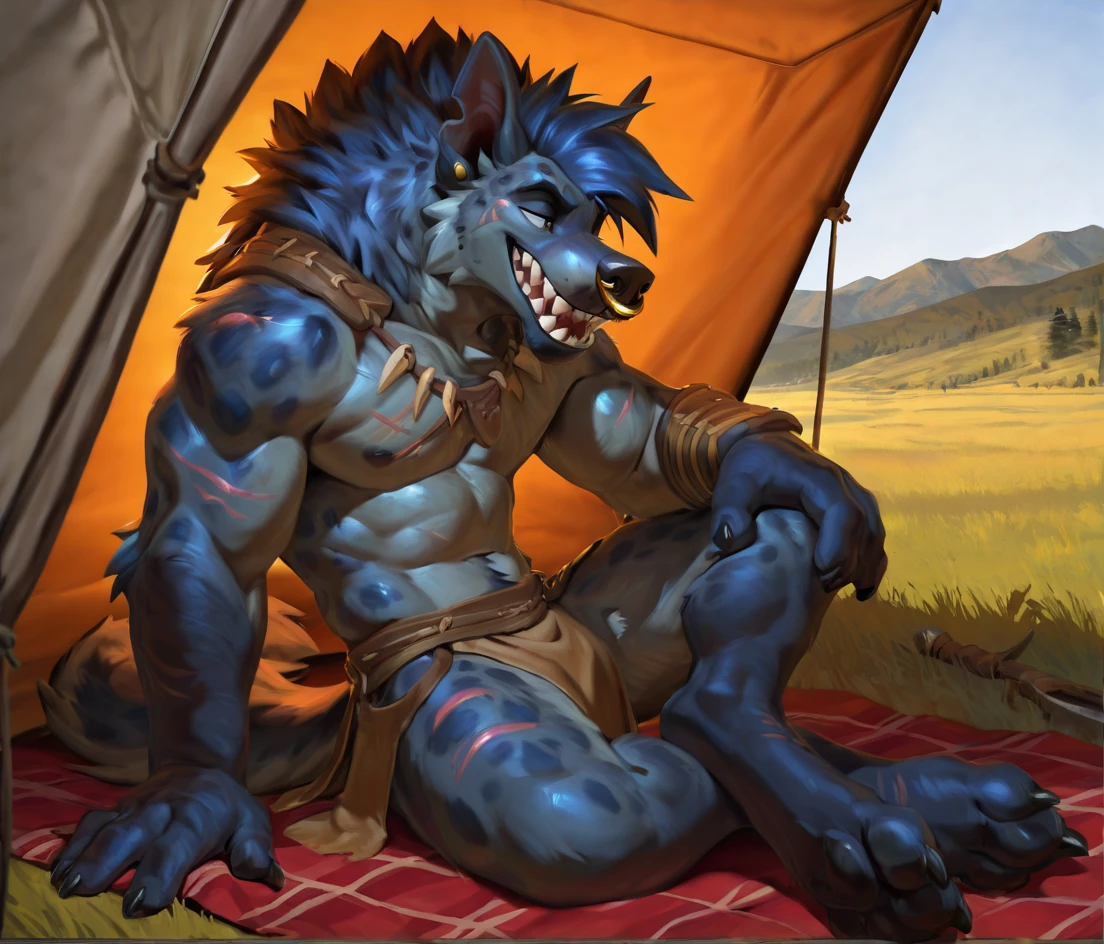 (striped hyena), (solo), male, anthro, (by kenket), (tail:1.2), standing, loincloth, (perfect hands), (mean expression), (large tribal tent background, inside), realistic shading, somber lighting, (epic, masterpiece, high quality, 8k, ultra HD, absurd res, top quality, best quality, max quality, masterpiece), ((gray fur, furry, muscular, beefy)), striped hyena tail, correct anatomy:1.2, ((threatening pose)), ((mature male)), ((gray fur)), sexy, (bulge:0.7)