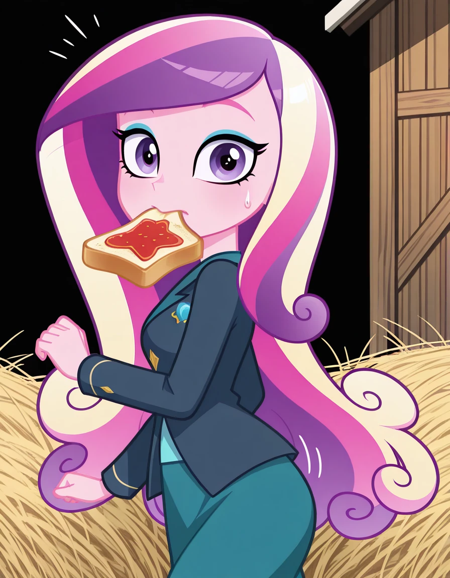masterpiece, best quality, amazing quality,, <lora:dean-cadance-movie-illustriousxl-lora-nochekaiser:1>, cadance, long hair, very long hair, purple eyes, pink hair, purple hair, multicolored hair, two-tone hair, eyelashes, makeup, eyeshadow, skirt, formal, suit,, <lora:food-in-mouth-running-illustriousxl-lora-nochekaiser:1>, food in mouth running, food in mouth, running, bread, bread slice, food, toast in mouth, toast, sweatdrop, motion lines, motion blur, outdoors, from side, barn, animals, hay, farming, rural, cowboy shot, solo, looking at viewer, <lora:transparent-background-illustriousxl-lora-nochekaiser:1>, transparent background, simple background, white background