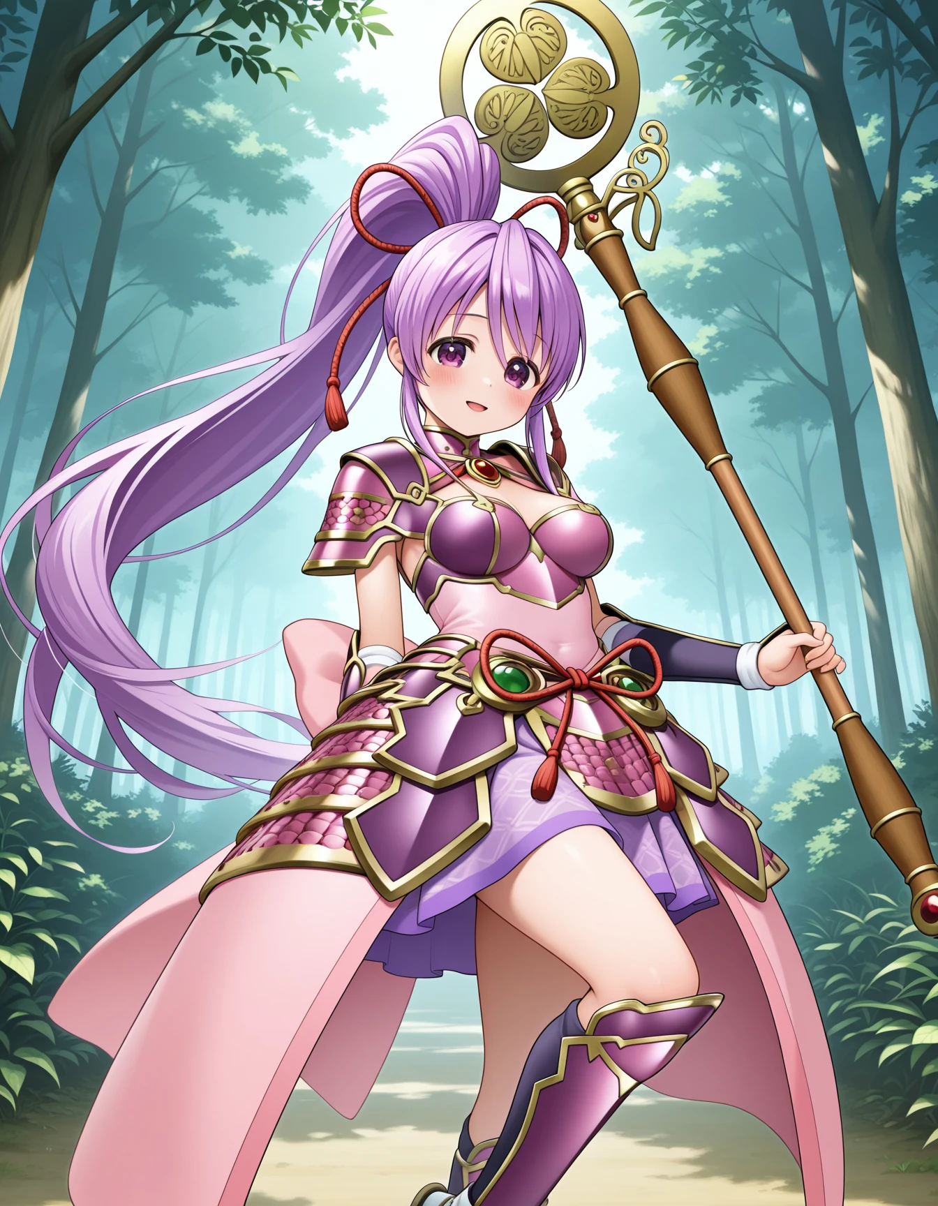 tokugawa_ieyasu_(sengoku_otome), purple hair, very long hair, purple eyes, high ponytail, medium breasts,
armored dress, jewelry, dress, skirt, tabi, sandals,
<lora:tokugawa_ieyasu_(sengoku_otome)_Illustrious_2.0-XL_v1:1>
holding staff,, masterpiece, newest, absurdres, best quality, amazing quality, very aesthetic, ultra-detailed, highly detailed, standing, (dynamic pose) , blush,
looking at viewer,cowboy shot,open mouth, light smile,
outdoors,forest