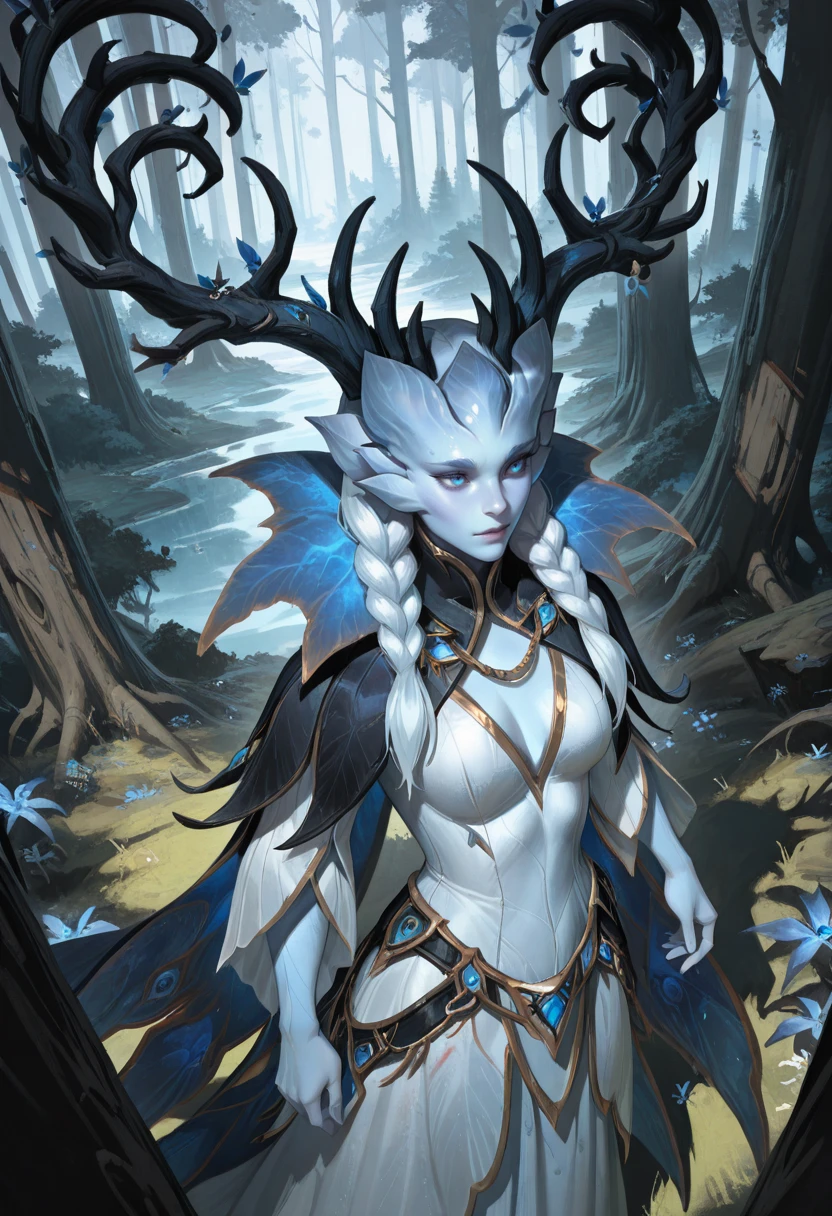very awa, masterpiece, best quality, absurdres, newest, perfect quality, detailed background, intricate details
<lora:ILWowW1interQu33n:1>
WowW1interQu33n, 1girl, alien, colored skin, braid, blue eyes, long hair, horns, twin braids, antlers, blue eyes, clear meadow, forest in background, beautiful nature, light white airy dress, above view
