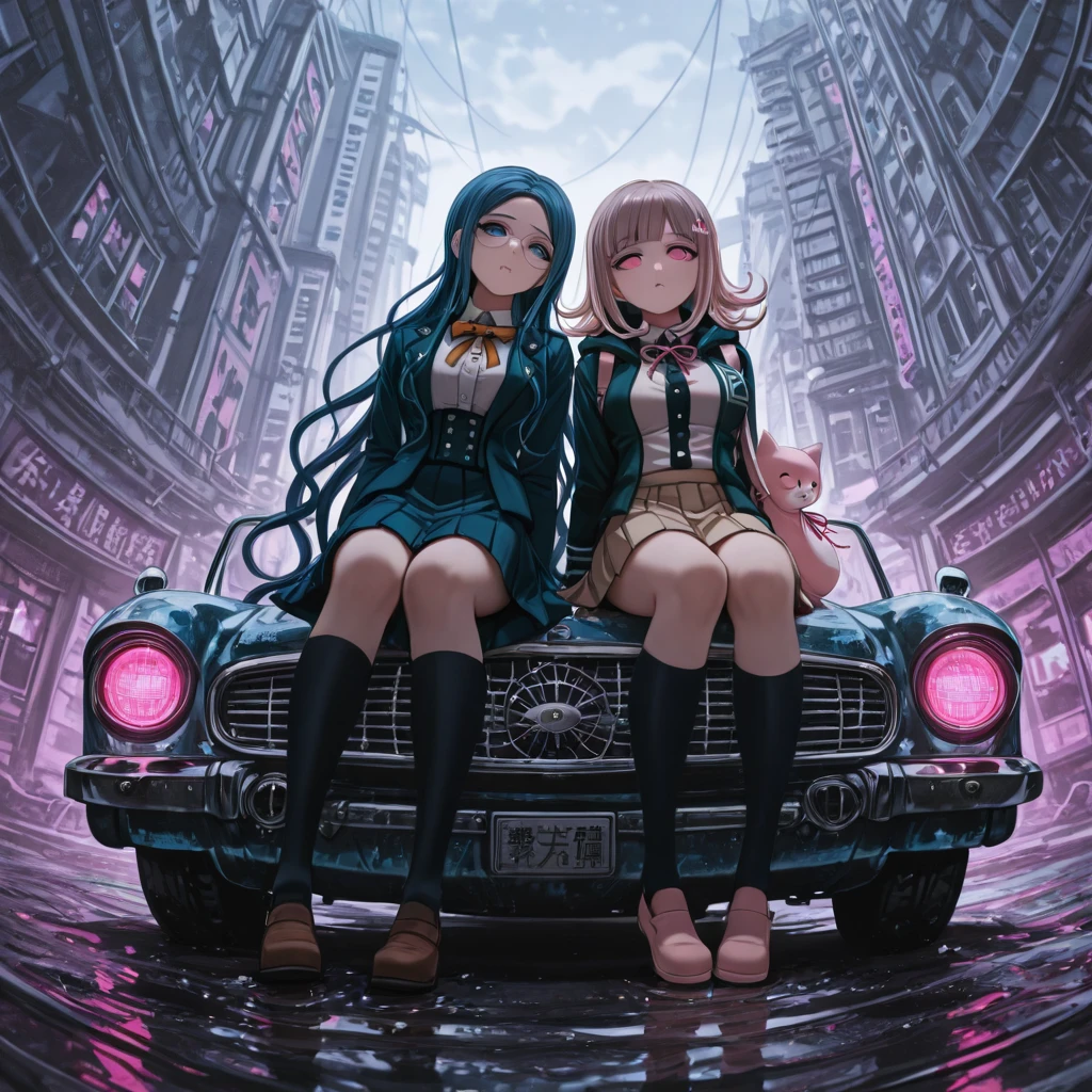 masterpiece, best quality, <lora:emjjunkarstyle:1>,emjjunkarstyle, <lora:Tsumugi_Shirogane_Danganronpa_Illustrious_V2:0.5>, closed_mouth, From below , Fisheye , (((2girls))), side-by-side , danganronpa_(series), BREAK, danganronpa_v3:_killing_harmony, shirogane_tsumugi,tsumugi shirogane, long_hair, round_eyewear, sidelocks, very_long_hair, wavy_hair, blue_hair, blue_eyes, medium_breasts,BREAK,danganronpa_2:_goodbye_despair, nanami_chiaki, chiaki nanami, , pink_hair,medium_hair, flipped_hair, pink_eyes, spaceship_hair_ornament, hair_ornament,large_breasts , danganronpa_(series), danganronpa_v3:_killing_harmony, shirogane_tsumugi,black_socks, blazer, blue_corset, blue_hair, blue_jacket, blue_skirt, bow, bowtie, , brown_footwear, buttons, collared_shirt, corset, glasses, jacket, kneehighs, layered_sleeves, long_hair, long_sleeves, , medium_skirt, open_clothes, open_jacket, orange_bow, orange_bowtie, pleated_skirt, pocket, round_eyewear, shirt, shoes, sidelocks, skirt,socks, very_long_hair, wavy_hair, white_shirt, BREAK, danganronpa_2:_goodbye_despair, galaga, nanami_chiaki, animal_bag, black_jacket, bow, brown_hair, brown_skirt, cat_bag, hood, hood_down, hooded_jacket, jacket, long_sleeves, medium_hair, miniskirt, neck_ribbon, pink_bag, pink_bow, pink_eyes, pink_ribbon, pleated_skirt, ribbon, shirt, shoes, skirt, white_shirt, zettai_ryouiki,BREAK, irritated, pouty_lips, pursed_lips, sideways_glance, unamused , sitting_backwards, reverse_sitting, rebellious_pose, defiant_sitting , navigating_carefully, sprawling_city_street, completely_flooded_vehicles, every_type_imaginable, vintage_model_t_fords, modern_electric_cars, haphazardly_piled, metallic_mountains, gray_sky, climbing_carefully, 1990s_sedan_hood, rusty_truck_bumper_support, cautious_deliberate_movement, testing_surface, trusting_weight, cold_air_visible_breath, planning_route, automotive_graveyard, amazement_apprehension, surreal_landscape, urban_infrastructure_overwhelmed, impossible_accumulation