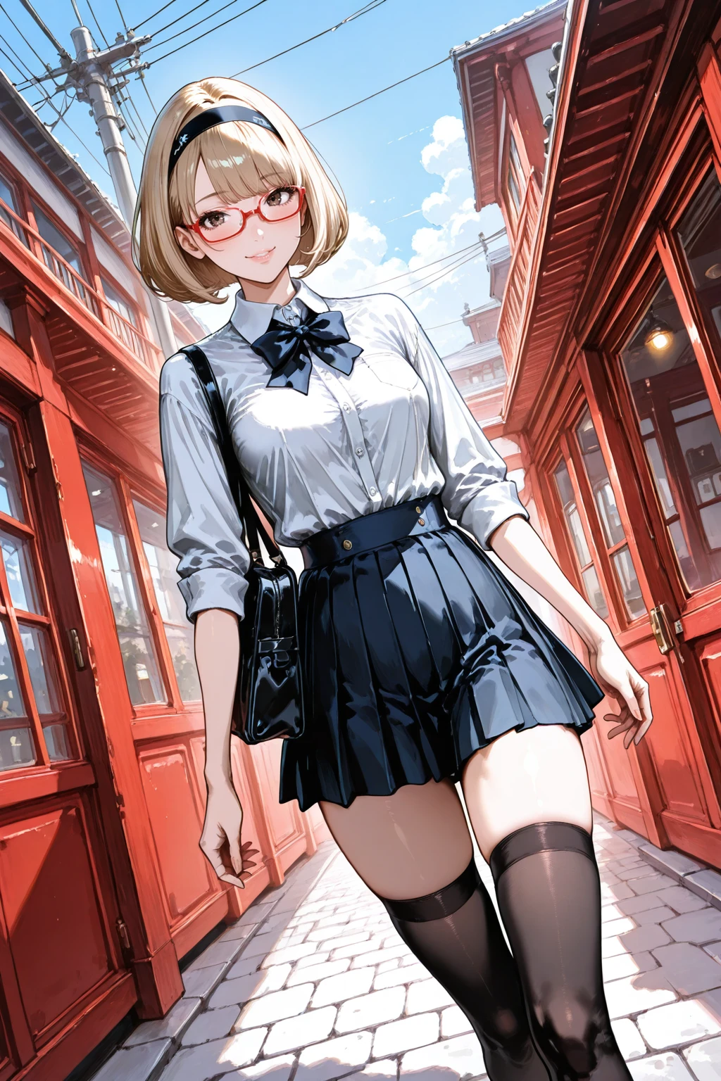 , masterpiece, best quality, good quality, super fine illustration, ultra high res, quality_masterpiece, official art, high-key lighting, highly contrasted, highly color focused, 8K, perfect face, perfect fingers, detailed, soft brightness, high-key lighting, dutch angle, sense of depth, gl1tchm4ng4, lineart, LineAniAF, soft_watercolor, zPDXL3, (Ilya Kuvshinov:0.2), (kon kit:1.0), (oda non:0.2),
<lora:Detailed_eyes:1> <lora:gl1tchm4ng4XLP:0.5> <lora:LineAniRedmondV2-Lineart-LineAniAF:0.5> <lora:a7b03fff-c393-4eb8-b501-dfcf2f445dbf.TA_trained:0.5> <lora:Detail_Tweaker_Illustrious_BSY_V3:0.8>
20yo, Japanese, Blonde, Bob cut, side parted, ((Red frame glasses)), Slender body, , hostess makeup, Long lashes, dark brown eyes, black headband,
1girl, solo, smile, BREAK soft blush, school_uniform, bow_tie, button-up_shirt, pleated_skirt, mini skirt, thigh-highs, mary_janes, schoolbag, outdoors, harajuku, blue_sky,
<lora:7db47755-fcdb-4e42-a00e-e3c9d6219f9b.TA_trained:0.5> ume,