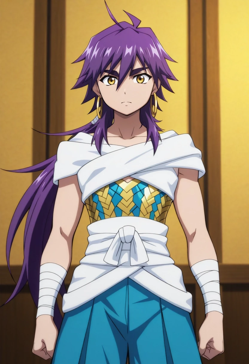 masterpiece, best quality, amazing quality, very aesthetic, high resolution, ultra-detailed, absurdres, newest, colorful, highest detailed, very awa, anime screencap, official style, anime coloring, cowboy shot, looking at viewer, 1boy, solo, male focus, <lora:snbd_msnb_ilxl:0.98>, snbd_msnb, purple hair, yellow eyes, long hair, ponytail, hair between eyes, ahoge, aged down, white wrap top, blue and gold patterned bustier, white bandages, gold hoop earrings, white obi