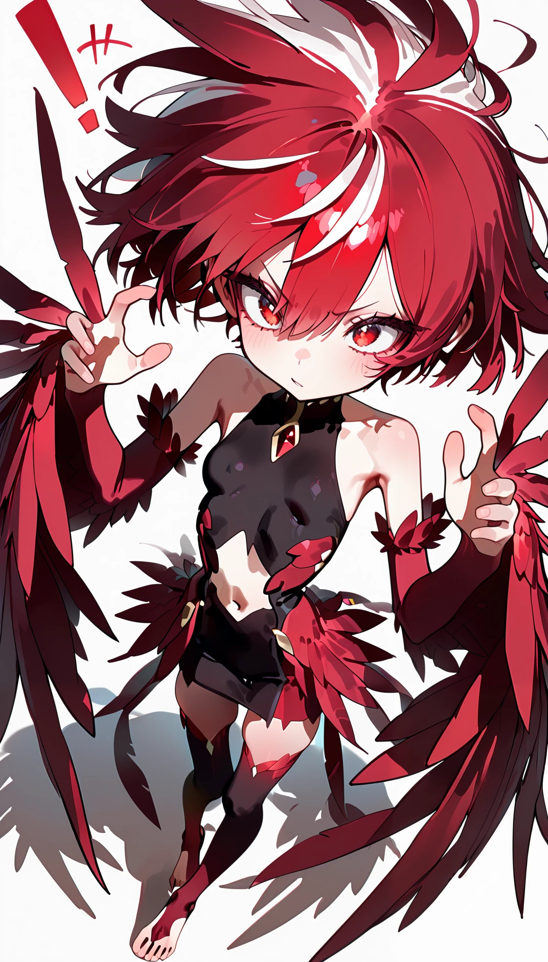 masterpiece, best quality, amazing quality, very aesthetic, absurdres, newest, scenery,
, +++, notice lines, !, Leaning against an invisible box, full body, from above, , pyronix, 1girl,navel cutout ,red eyes,red hair,multicolored hair,wings,
two-tone hair,red wings,bare shoulders,feathered wings,small ,
detached sleeves,barefoot,thighhighs,toeless legwear,Zettai Ryouiki,
white background, smiple background,, animated, dynamic angle, close-up,portrait, fisheye lens, detailed face,colorful, close-up, masterpiece, best quality, amazing quality, very aesthetic, absurdres, newest, scenery, volumetric lighting