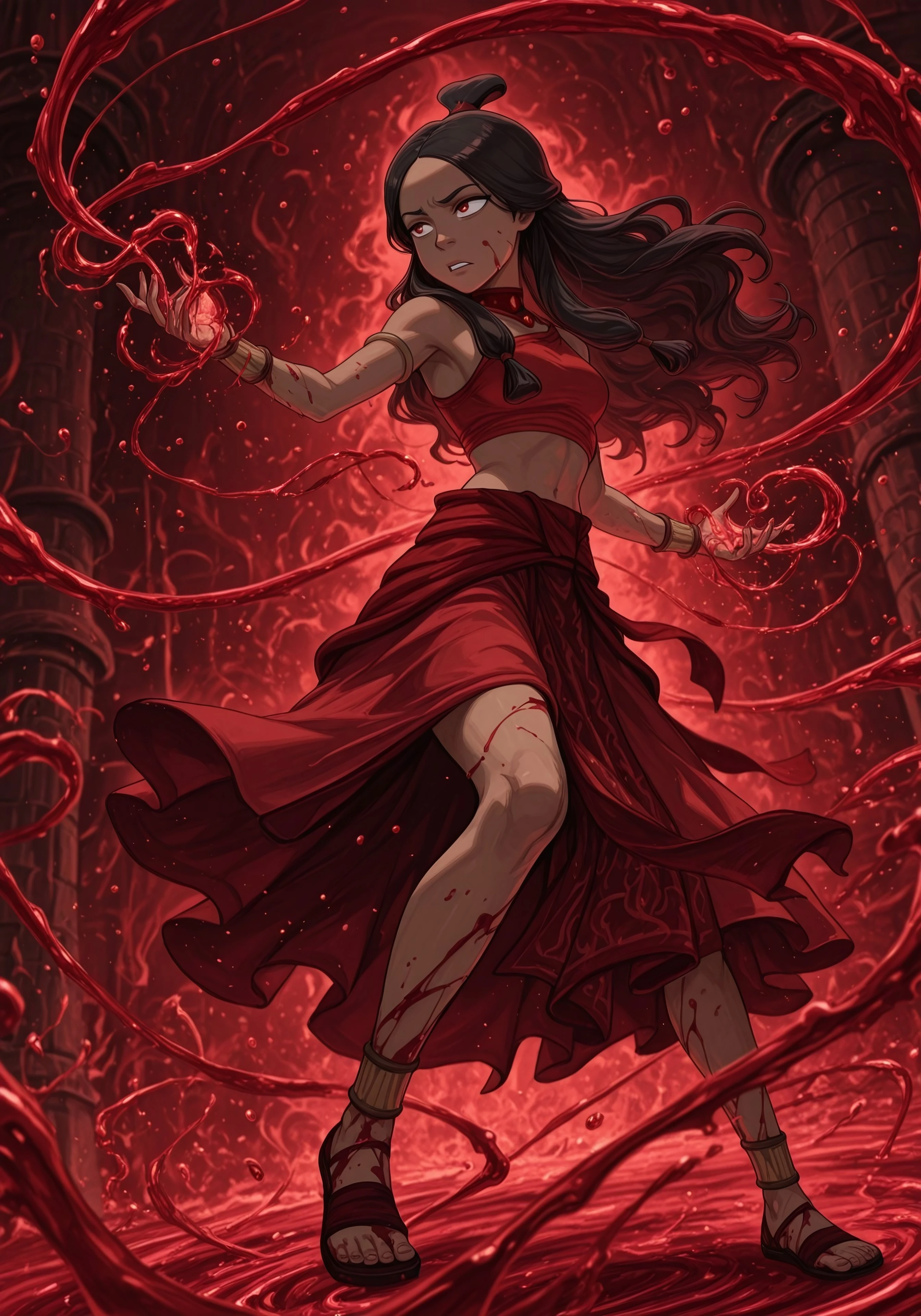 (((ultra detailed, masterpiece, high quality, )))
, 
((( )))
,
((( 1girl, solo, )))
,
((( Blomagmb2, blood magic concept, casting blood magic, blood tendrils, liquid blood manipulation, crimson aura,, )))
,
((( katara, long hair, topknot, sandals, bracelet, armlet, midriff, anklet, red skirt, crop top, bare shoulders, necklace, fire nation )))
,
((( )))
,
((( )))

(((  )))