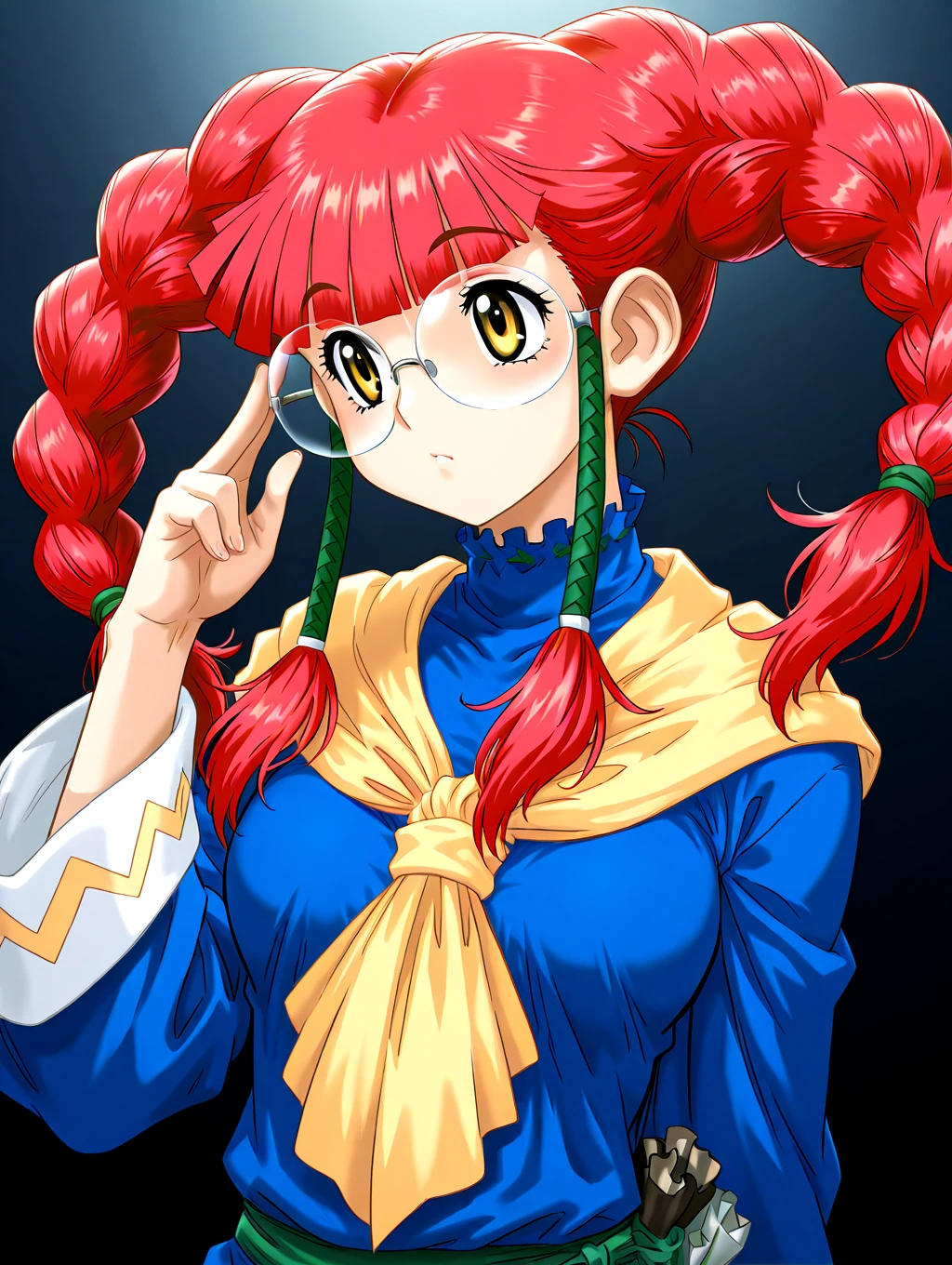 <lora:IL-D2Catherine:1>,d2catherine,1girl,solo,glasses,braid,twin braids,red hair,round eyewear,twintails,yellow eyes,long hair,blue robe,green belt,yellow scarf,