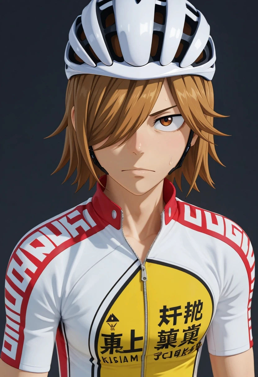 masterpiece, best quality, amazing quality, very aesthetic, high resolution, ultra-detailed, absurdres, newest, colorful, highest detailed, very awa, 3d, , 1boy, solo, male focus, <lora:hajime_aoyagi_ilxl:0.98>, hajime_aoyagi, brown hair, brown eyes, hair over one eye, white cycling jersey, red trim, yellow panel, zipper, white cycling helmet