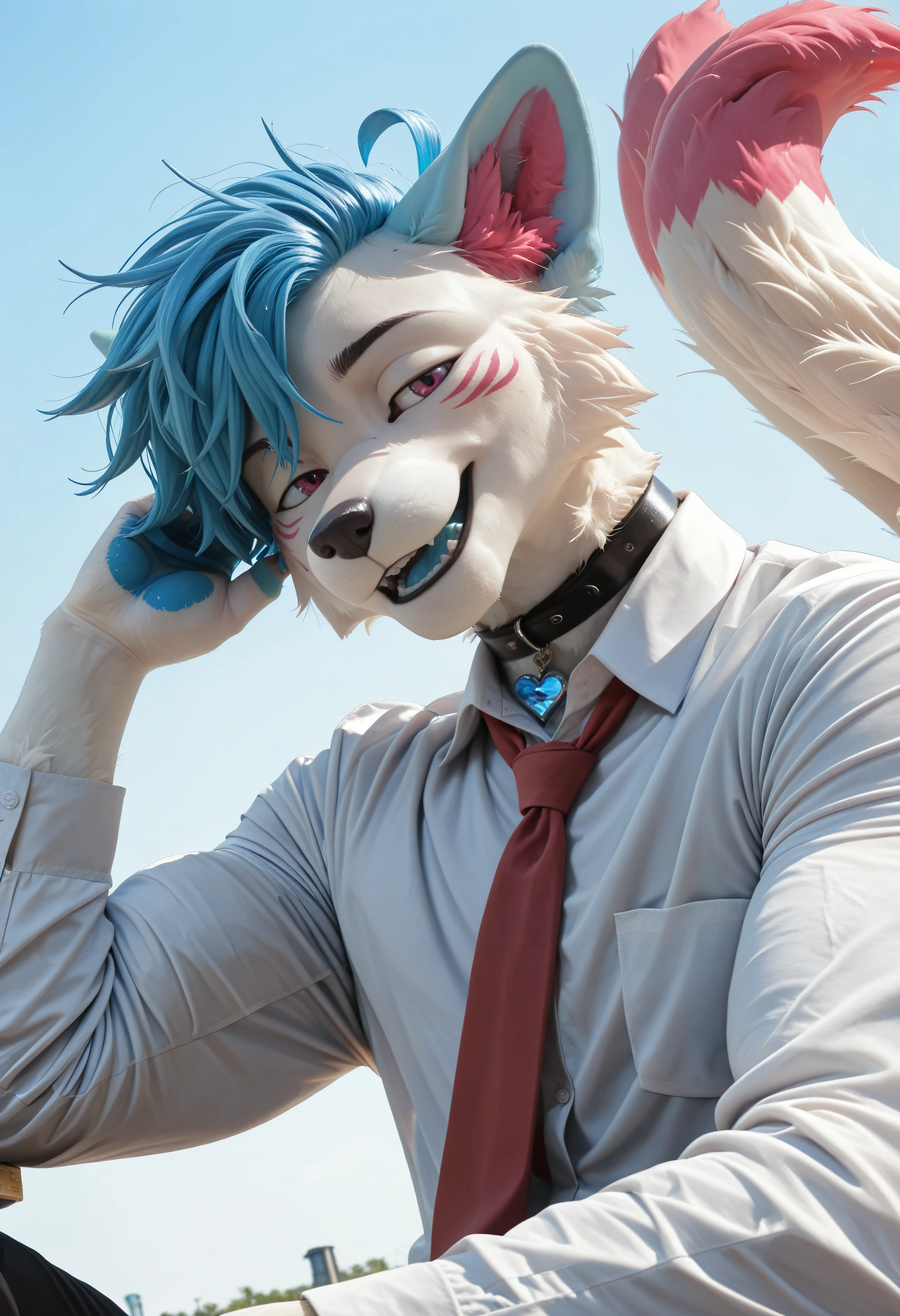 (masterpiece, best quality, very aesthetic, newest, 2024:1.2), (photorealism, photorealistic:1.1), hi res, close up, dutch angle, ol1ver_pr1nce, arctic fox, animal ears, furry, blue hair, tails, solo, male focus, pink eyes, 1boy, looking at viewer, furry male, open smile, body fur, collar with blue heart tag, clothed, clothes, muscular body, (bara:1.2), bara body type, broad shoulders, strong arms, white office shirt with long sleeve, red necktie, seductive, outdoor, blue sky, rised tails, simple background, minimalist background, flexing, hand on head, holding hair <lora:noobReal-V2.1:0.45> <lora:Oliver_Prince_OC_Illustrious:1>