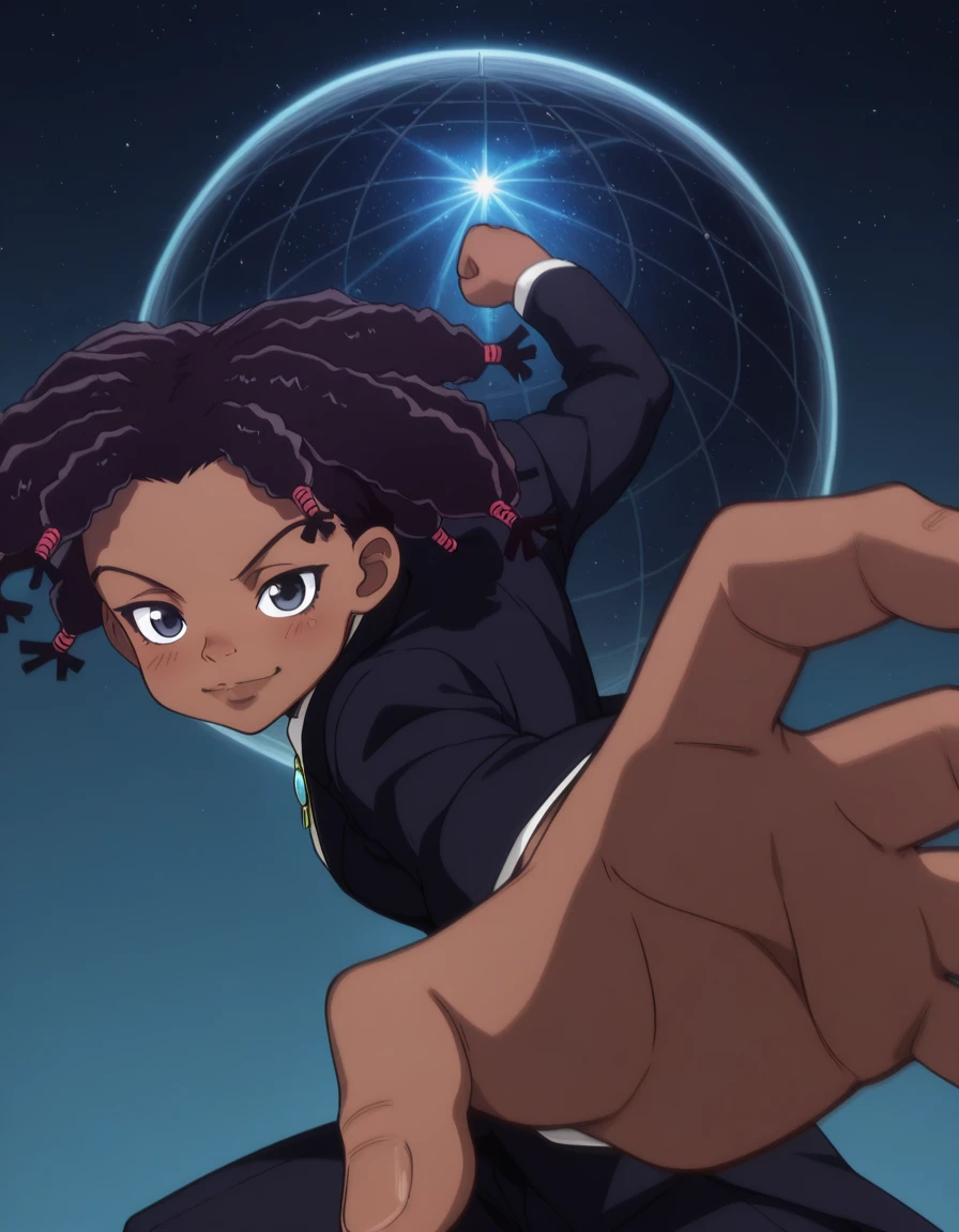 masterpiece, best quality, amazing quality,, <lora:hxh-canary-anime-illustriousxl-lora-nochekaiser:1>, hxh canary, black hair, dark skin, black eyes, dark-skinned female, dreadlocks, anime screencap,, jewelry, pants, formal, suit,, <lora:pepe-punch-illustriousxl-lora-nochekaiser:1>, pepe punch, looking at viewer, blush, smile, simple background, closed mouth, clenched fist, foreshortening, punching, incoming punch, incoming attack, planetarium, stars, sky, seats, dome, cowboy shot, solo, looking at viewer,