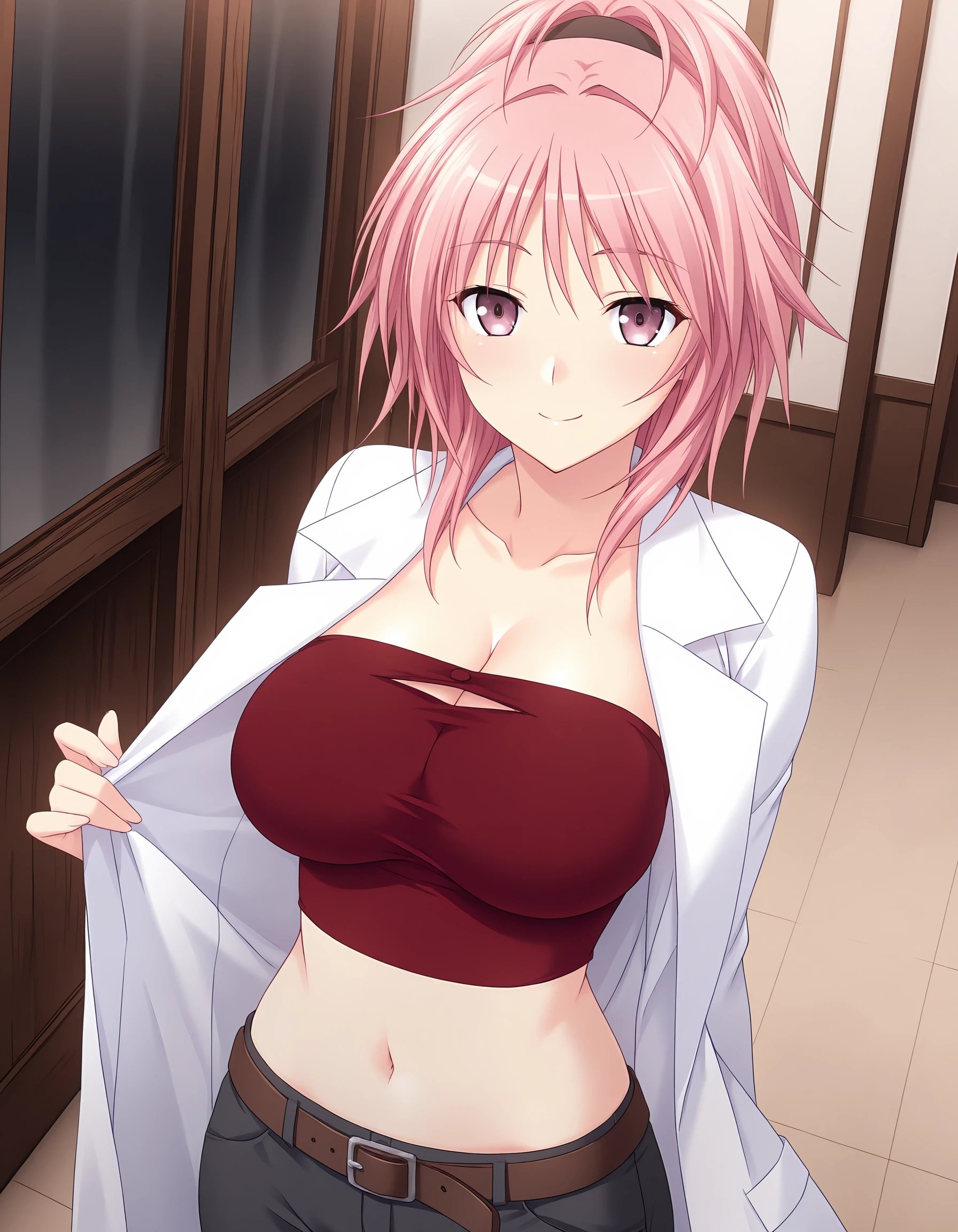 masterpiece, best quality, amazing quality, ultra detail, best resolution, good anatomy, good hand,
BREAK <lora:kurosaki_kimiko Sarasara Sasara (Atelier Kaguya)-illustrious V2:1> kimiko, pink hair, hair up, hairband, black hairband, purple eyes, large breasts, mature female,
BREAK labcoat, red tube top, cutline, navel, cleavage, belt, black pants,
BREAK 1girl, solo, posing, happy,