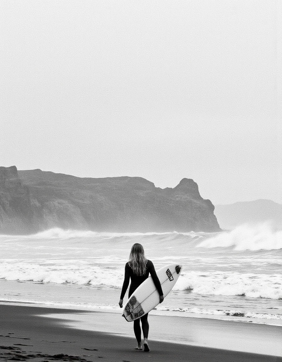 Surfing life style. A black and white photograph of a person walking along the beach, carrying a surfboard, with a vast expanse of ocean and cliffs in the background. the person, who appears to be a young woman, is walking away from the camera, with her long, straight hair cascading down her back. she is wearing a wetsuit and carrying a white surfboard in her right hand, and her feet are bare as she strides along the shoreline. the ocean waves are crashing against the cliffs, creating a misty atmosphere. the sky is overcast, adding to the moody atmosphere of the scene. the overall mood is somber and contemplative, evoking a sense of loneliness and isolation.
1girl, solo, long hair, walking, holding, full body, walking distance to the viewer, wet clothes, surf, fog, ocean, holding board, walking on beach, ocean waves, surfer, beach, foggy, surfboard
camera_angle: from behind, art_style: monochrome, location: beach, background: foggy coastline with waves crashing against cliffs and distant mountains in the distance, text: NA, image_composition: middle, clothing: Wetsuit, hair_style;long hair, distance_to_camera: full body;full body, action: walking towards shore, accessory: WA, pants: NA;NA, shoes: bare feet;na, eye_direction: facing away;facing away, facial_expression: unknown;no expression: unknown, ear: no other;no other, gender: 1woman;1woman, hair _color: blonde hair;black hair, eye color: unknown.