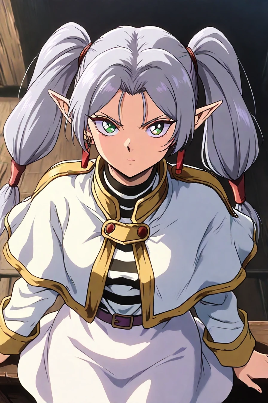 (frieren:0.2), long hair, twintails, green eyes, grey hair, pointy ears, elf, shirt, long sleeves, jewelry, pantyhose, earrings, striped, white capelet, black pantyhose, capelet, striped shirt, skirt, white skirt, 1girl, solo, alone,   <lora:yu_yu_hakusho_style_illustriousXL-000015:1>, yu_yu_hakusho_style, masterpiece, highres