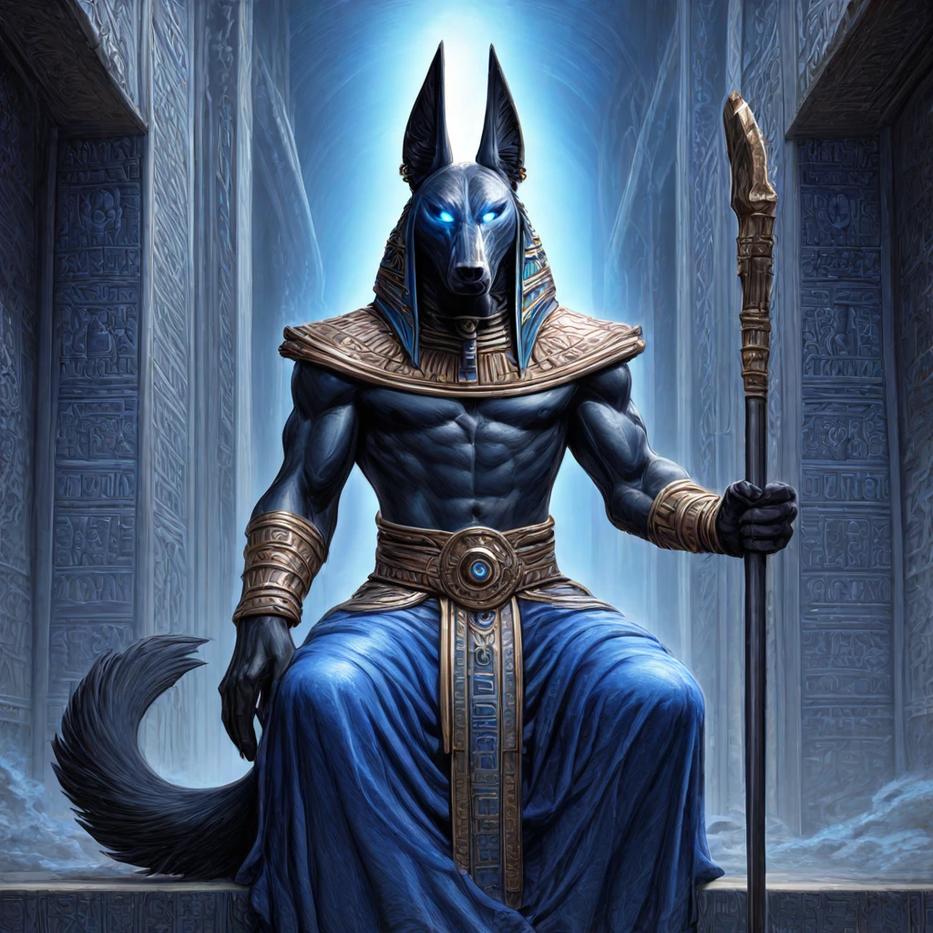 <lora:Dystopian_Mythology_FantasyIllustrious:1> Dystopian Mythology Fantasy, The image shows the god of the underworld sitting in front of an archway with a staff in his hand. He is wearing a blue robe and has a stern expression on his face. The archway is adorned with intricate carvings and the background is a deep blue. The image is animated giving it a dynamic feel., furry, solo, 1boy, male focus, tail, blue eyes, furry male, glowing, muscular, holding