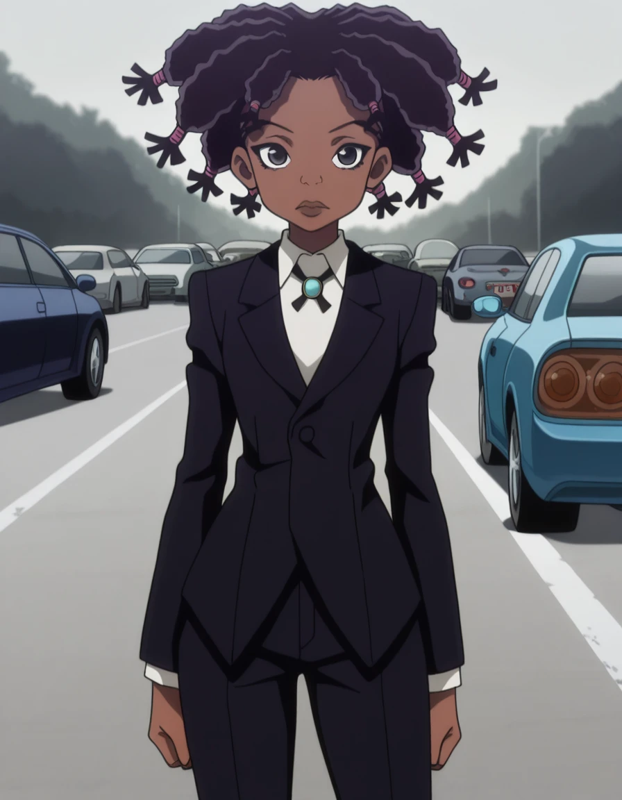 masterpiece, best quality, amazing quality,, <lora:hxh-canary-anime-illustriousxl-lora-nochekaiser:1>, hxh canary, black hair, dark skin, black eyes, dark-skinned female, dreadlocks, anime screencap,, jewelry, pants, formal, suit,, v,, parking lot, cars, asphalt, spaces, open, cowboy shot, solo, looking at viewer,