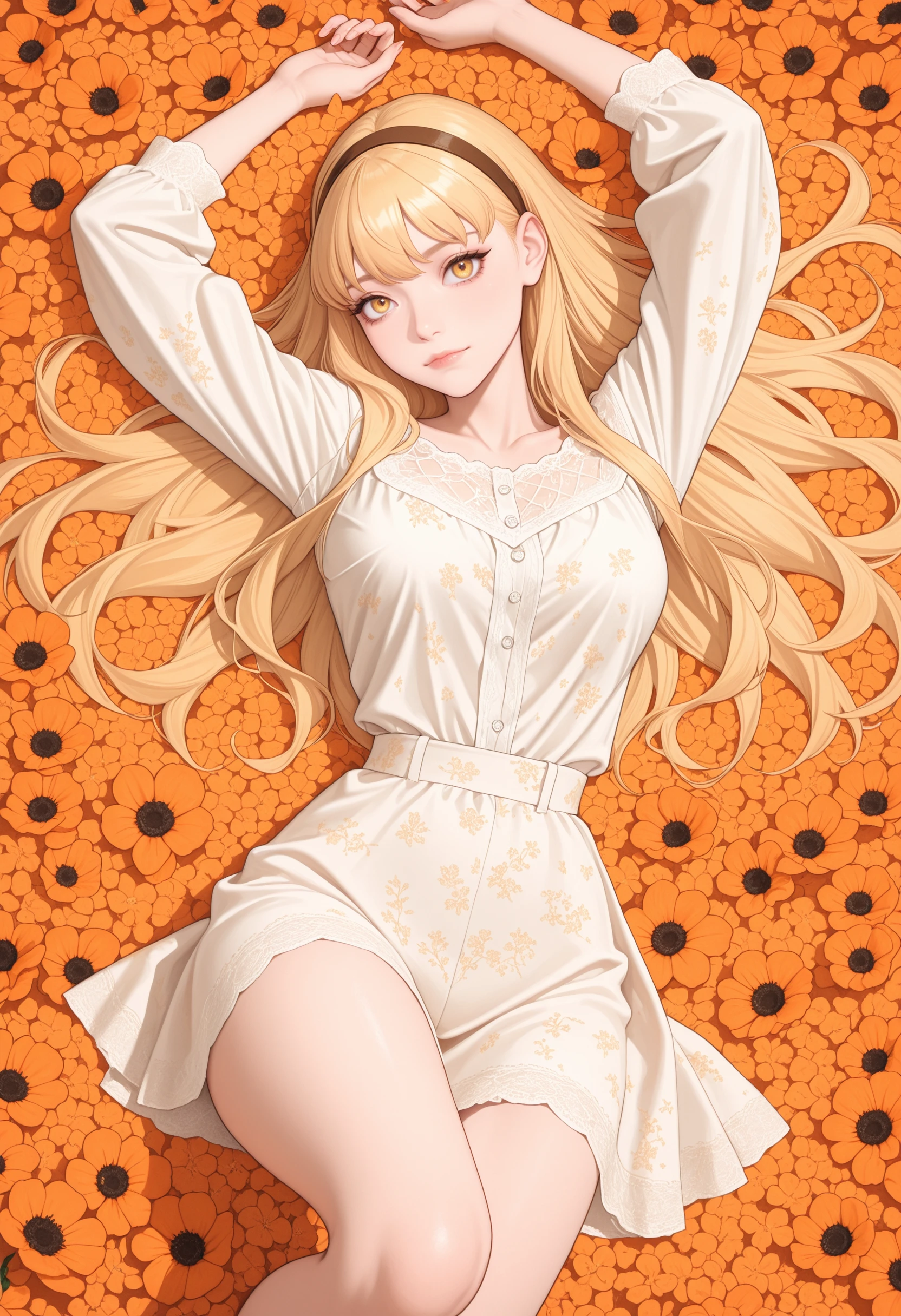 very awa, masterpiece, best quality, absurdres, newest, perfect quality, detailed background, intricate details
<lora:ILWCStell4:1>
WCStell4, 1girl, blonde hair, hairband, yellow eyes, long hair, from above, lying on the floor in the middle of an orange flowers meadow with the sunset in the background, vivid colors