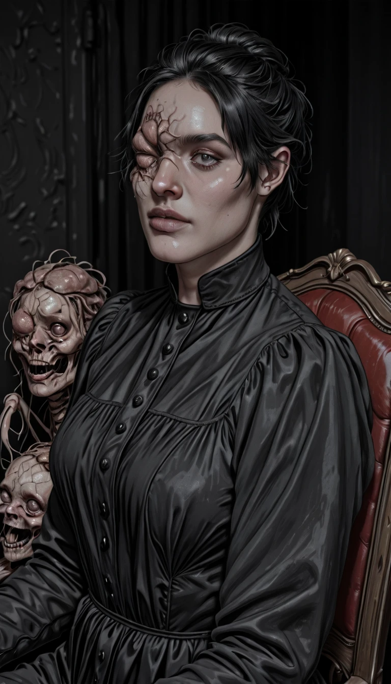 <lora:DonnaBellV4-000004:0.99> donna_beneviento,( cadosite_face_parasite:1.2), solo, sitting, chair, upper_body, black_dress, from_side,