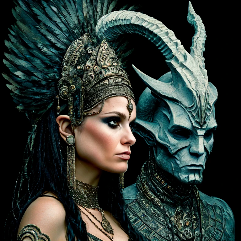 <lora:Dystopian_Mythology_Fantasy:1> Dystopian Mythology Fantasy, The image shows a man and woman dressed in elaborate costumes with the woman wearing a headdress and the man wearing a mask. The background is dark creating a mysterious atmosphere., horns, 1girl, black hair, long hair, jewelry, pointy ears, feathers, necklace, realistic