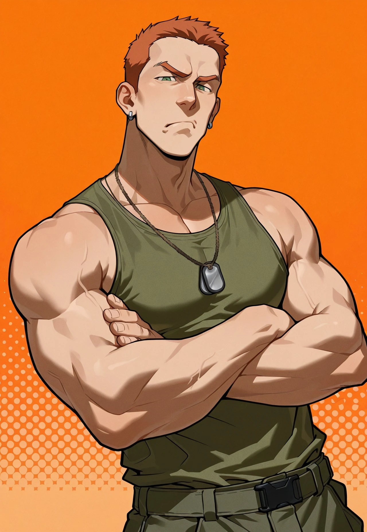 masterpiece, high quality, film grain, high resolution, newest, depth of field, bara, yaoi, very aesthetic, absurdres, newest, solo, male focus, 1boy, 3dward, ginger hair, green eyes, very short hair, earrings, dog tags, tank top, cargo pants, crossed arms, frown, looking at viewer, halftone effect, orange background, abstract background, dutch angle