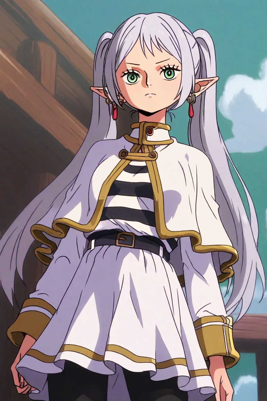 (frieren:0.2), long hair, twintails, green eyes, grey hair, pointy ears, elf, shirt, long sleeves, jewelry, pantyhose, earrings, striped, black pantyhose, capelet, striped shirt, skirt, white skirt, 1girl, solo, alone,  <lora:one_piece_style_illustriousXL-000017:1>, one_piece_style, masterpiece, highres