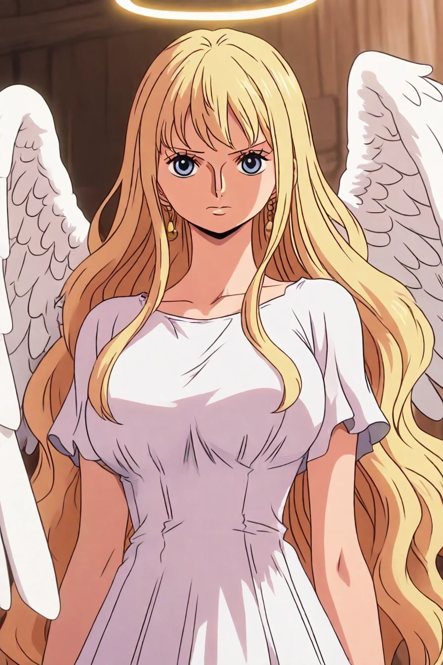 1girl, solo, alone, angel, wings, looking at the viewer, white dress, <lora:one_piece_style_illustriousXL-000017:1>, one_piece_style, masterpiece, highres