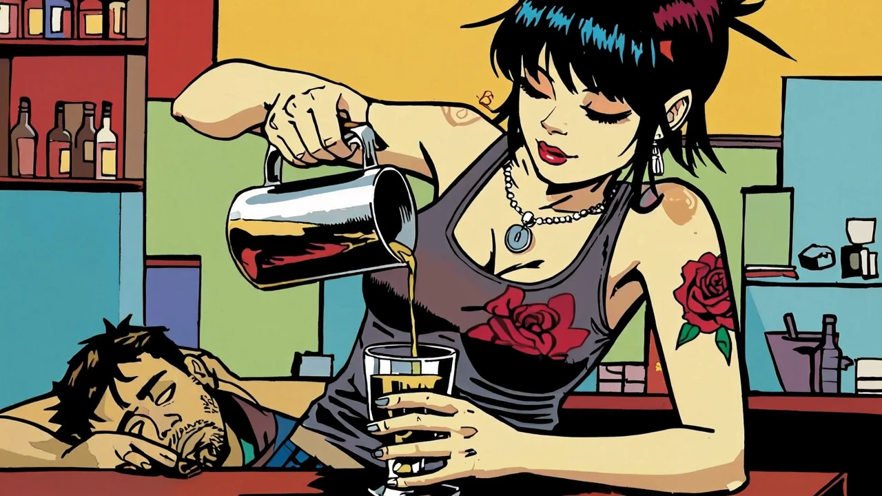 Jamie Hewlett style. Colorful.  Woman in a tank top with a rose tatoo on her arm, serving pouring beer from a pitcher into a glass.  A man is passed out at the bar.