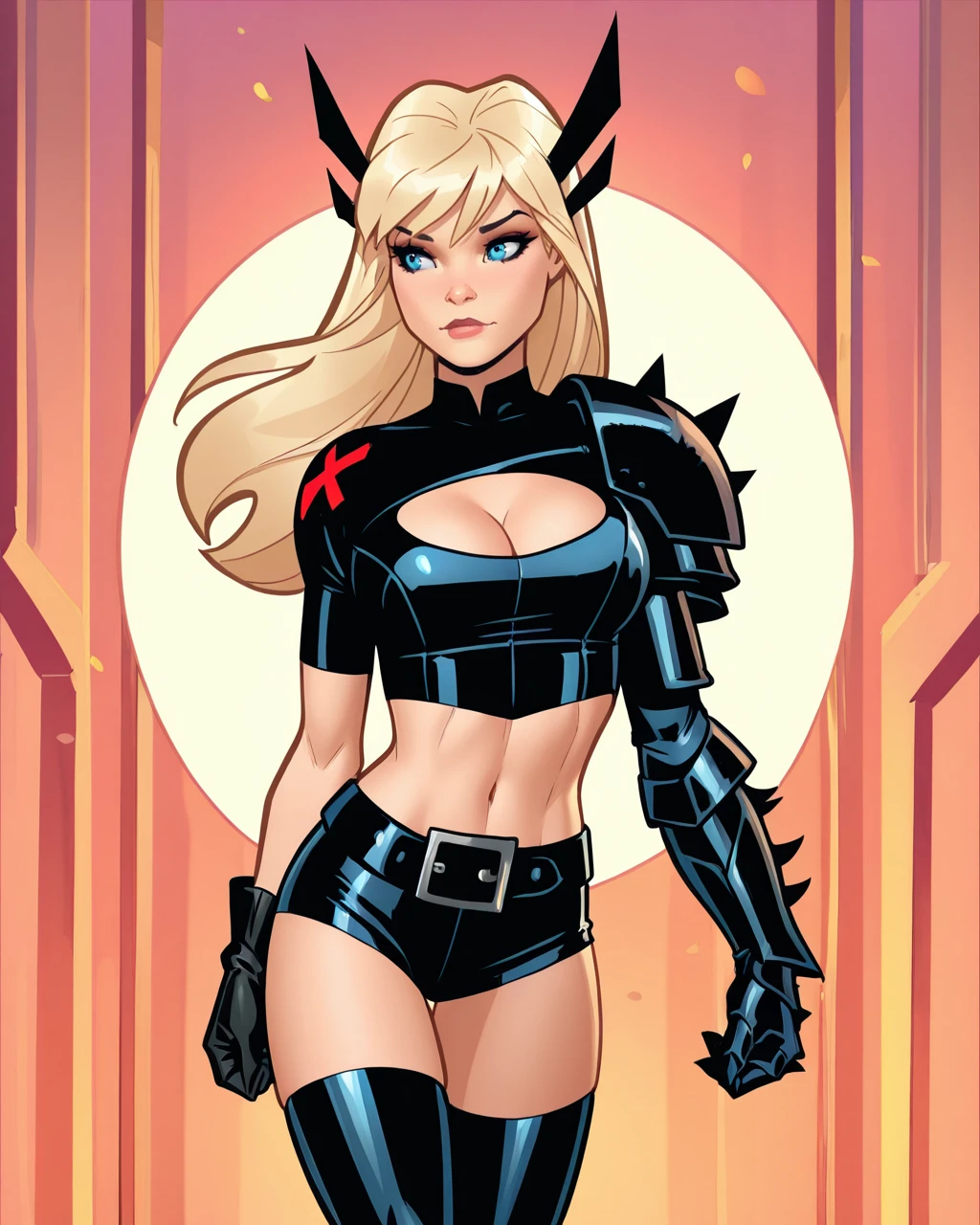 masterpiece, best quality, absurdres, perfect quality, absolutely eye-catching, <lora:AmandaConnerIllus:0.9> aconner, <lora:Magik ModernilluLoRA:1> mgik, long hair, blue eyes, hair ornament, crop top, single glove, single gauntlet, shorts, midriff, belt, thighhighs, cleavage cutout, single shoulder armor