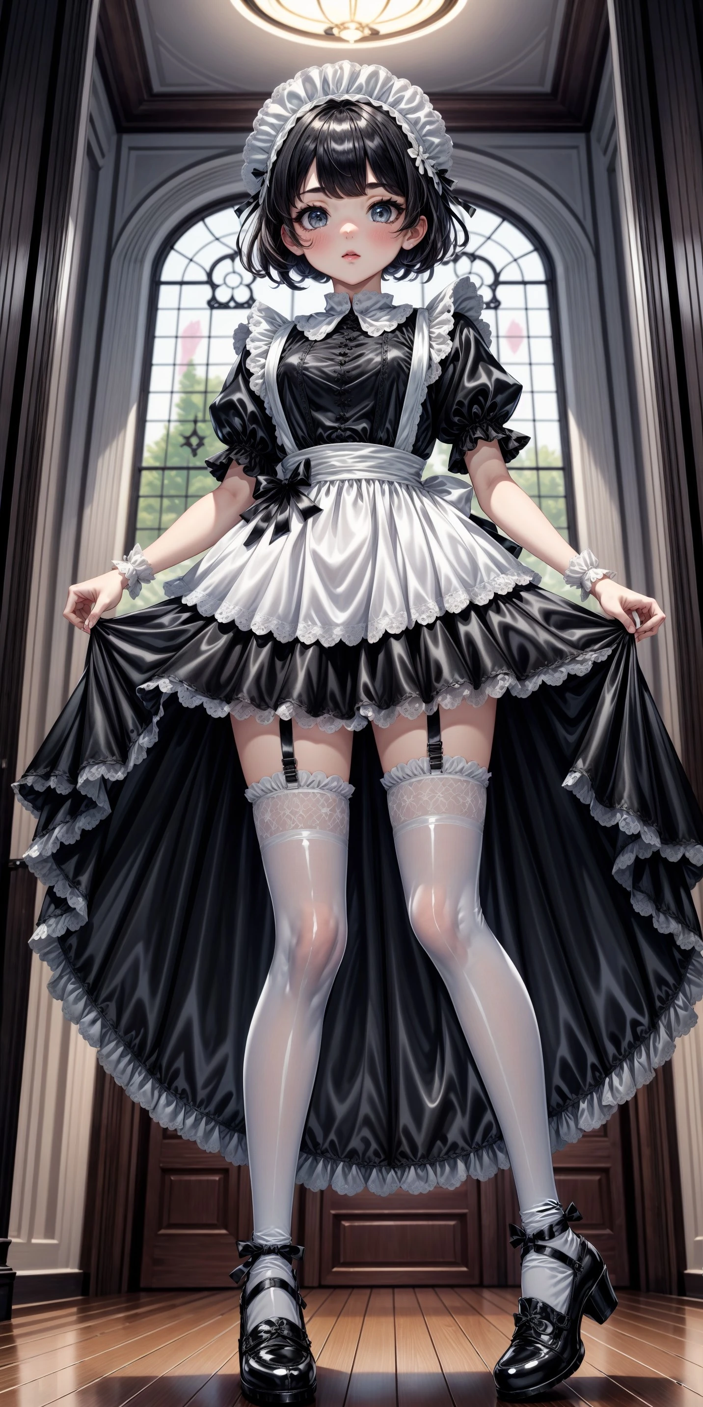 ((fullbody, legs and shoes visible)) 1girl, blushing, full face blushing, black short shiny satin collared maid_dress, (white attached shiny satin peter pan collar), black shiny satin puffy short sleeves, white bodice, ((white ribboned eyelet lace apron)), black bows, white stockings, black ribboned heels, (from below, petticoat peek), <lora:more_details:0.7>, <lora:scene_:0.5>, <lora:FashionComplexityEnhancerLORAv1:0.4>, <lora:ff4ac865-99a8-4395-ac31-36e3d3302bc6:0.6>, <lora:96073874-f082-4683-942e-601cecac5c40:0.3>, <lora:f7d08feb-f21d-42d0-9ef1-a9481867524d:0.3>, <lora:5844635f-c9c3-4f9e-85c4-d0d40f201159:0.3>, <lora:dde4416e-9f24-48d4-a965-d989baea5d73:0.2>, ,