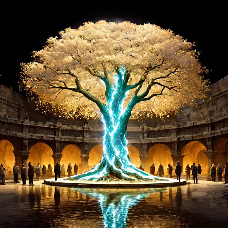 <lora:Dystopian_Mythology_Fantasy:1> Dystopian Mythology Fantasy, The image shows a tree of gondor in the middle of a city at night illuminated by a light show. The tree is surrounded by people and the sky is visible in the background. The image is animated giving it a dynamic feel., tree, scenery, multiple boys, night, outdoors, water, robe, sky, building, snow
