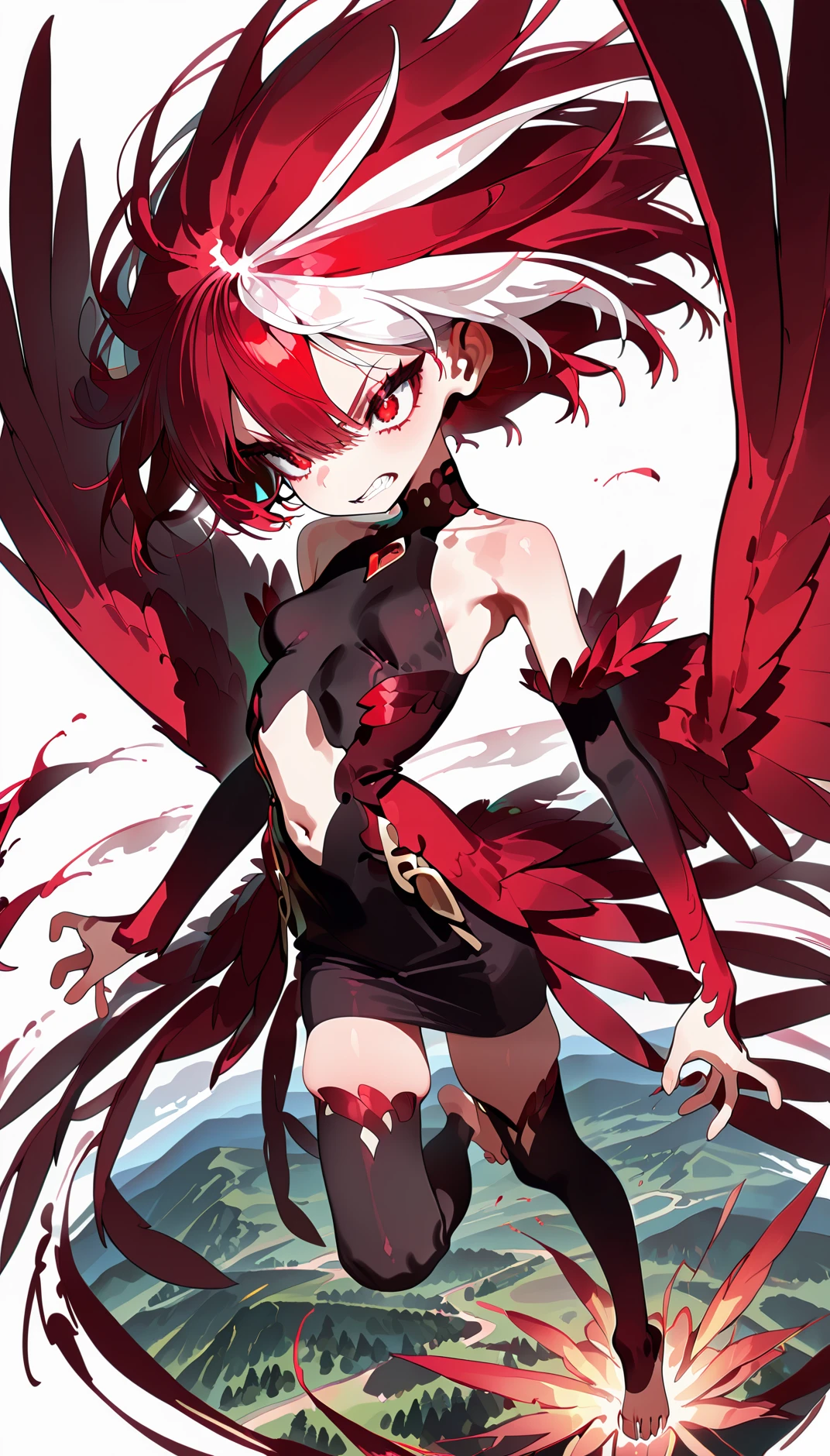 masterpiece, best quality, amazing quality, very aesthetic, absurdres,  newest, scenery,
, clenched teeth, Leaping with one leg extended, upper body, from above, , pyronix, 1girl,navel cutout ,red eyes,red hair,multicolored hair,wings,
two-tone hair,white hair,red wings,bare shoulders,feathered wings,small ,
detached sleeves,barefoot,thighhighs,toeless legwear,Zettai Ryouiki, 
white background, smiple background,, animated, dynamic angle, close-up,portrait, fisheye lens, detailed face,colorful, close-up, masterpiece, best quality, amazing quality, very aesthetic, absurdres, newest, scenery, volumetric lighting