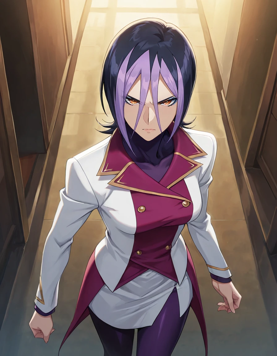 <lora:Droite_SDXL_IL_V1-000015:0.7>,d2o2t1,1girl,solo,short hair,black hair,purple hair,dyed bangs,hair between eyes,orange eyes,blue eyeshadow,white blazer,white pencil skirt,pink collar,purple fabric,purple bodysuit,bodysuit under clothes,purple pantyhose,black high heels,
looking_at_viewer,available light,indoors,cowboy_shot,from above,caramelldansen,, Best quality,masterpiece,soft light,official art,masterpiece,high quality,highres,absurdres,best quality,epic scene,natural textures,16k, masterpiece, absurdes, highly detailed, highres, high quality, best quality, score_9, score_8_up, score_7_up, source_anime, masterpiece, perfect face, perfect eyes,(extremely detailed face),Smooth Quality,