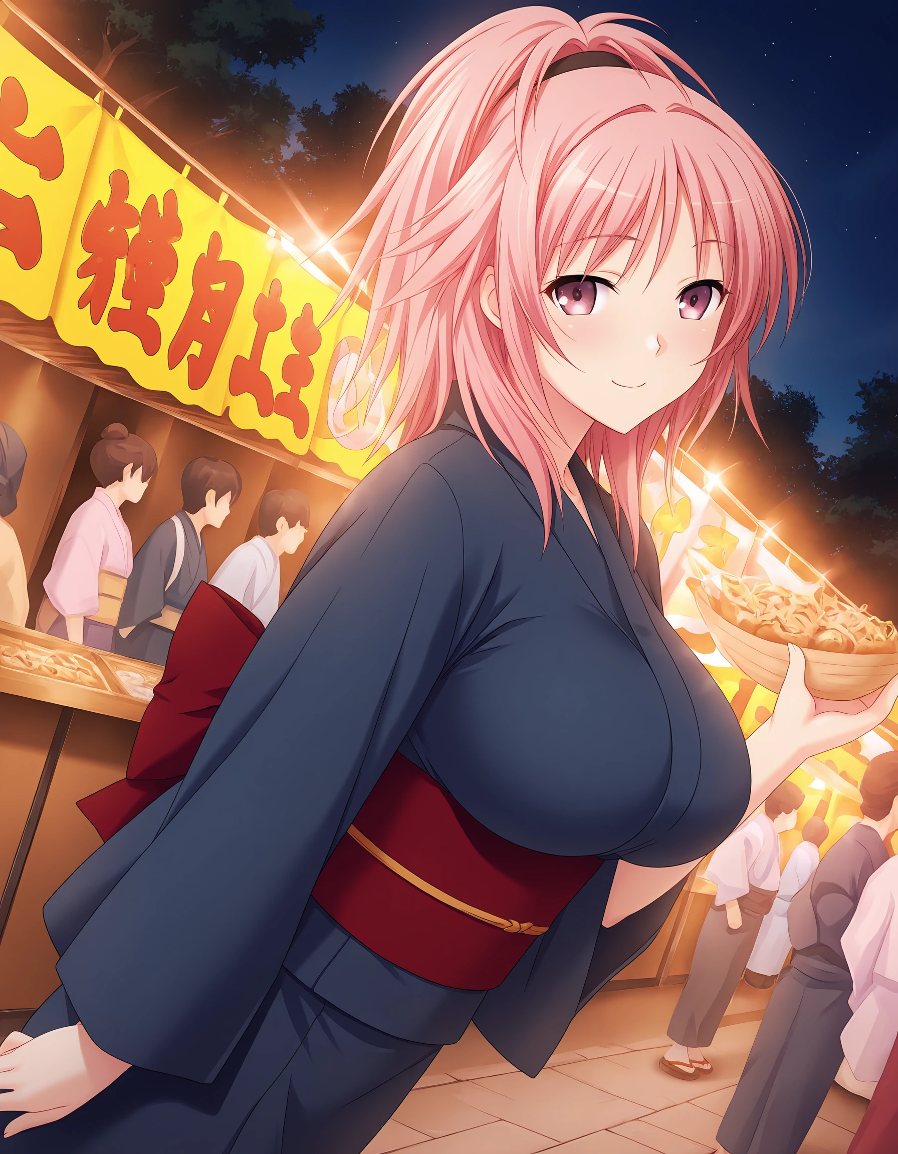 masterpiece, best quality, amazing quality, ultra detail, best resolution, good anatomy, good hand,
BREAK <lora:kurosaki_kimiko Sarasara Sasara (Atelier Kaguya)-illustrious V2:1> kimiko, pink hair, hair up, black hairband, purple eyes, large breasts, mature female,
BREAK Japanese clothes, kimono, obi,
BREAK 1girl, solo, posing, smile, outdoor, Japanese festival, summer, at night, night sky,