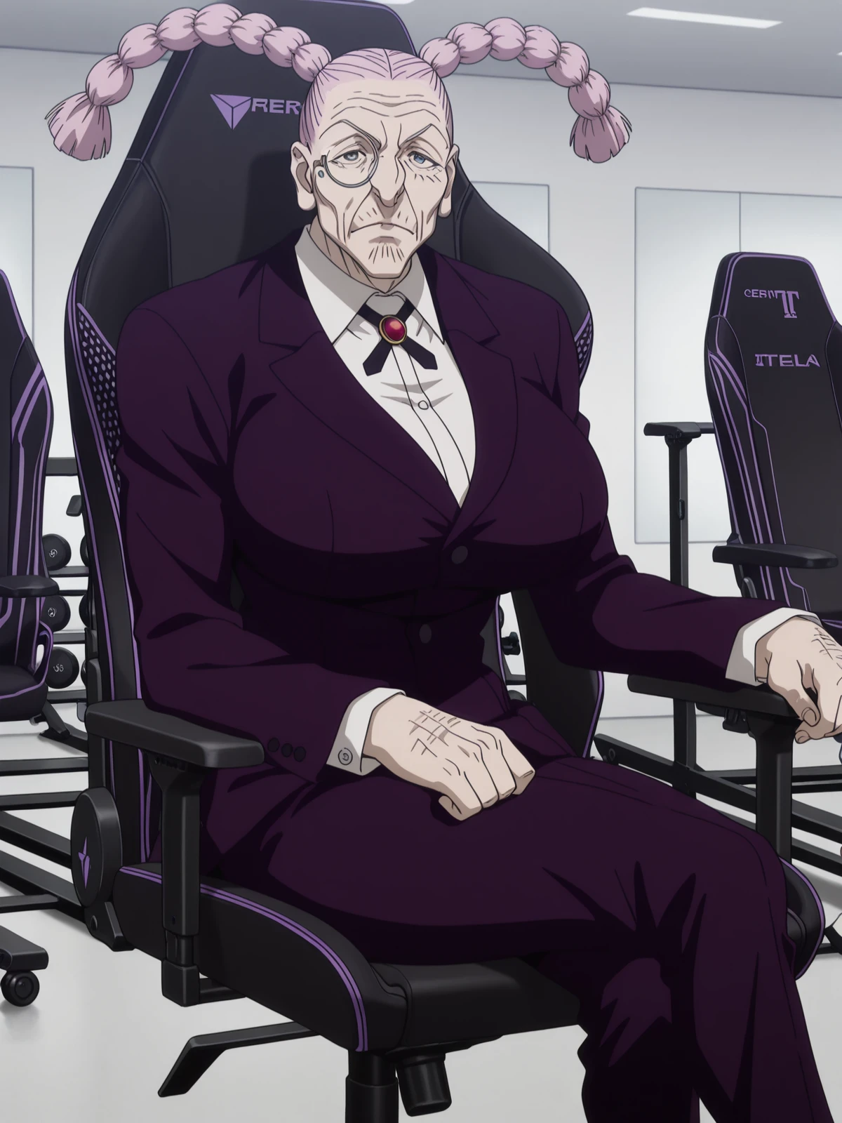 masterpiece, best quality, amazing quality,, <lora:hxh-tsubone-anime-illustriousxl-lora-nochekaiser:1>, hxh tsubone, long hair, braid, facial hair, old, pink hair, glasses, monocle, wrinkled skin, broad shoulders, mature female, , anime screencap,, shirt, long sleeves, jacket, white shirt, collared shirt, pants, formal, suit,, <lora:secretlab-chair-illustriousxl-lora-nochekaiser:1>, secretlab chair, chair, office chair, gaming chair, sitting, feet out of frame, elbow rest, gym, weights, treadmill, mirrors, exercise, cowboy shot, solo, looking at viewer,