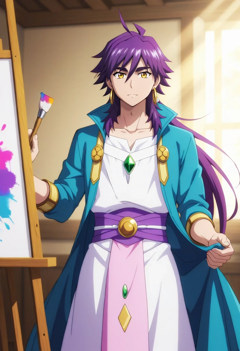 masterpiece, best quality, amazing quality, very aesthetic, high resolution, ultra-detailed, absurdres, newest, colorful, highest detailed, very awa, , anime screencap, anime coloring, official style, looking at viewer, painting, creative expression, sunlit studio, art smock, natural light, medium shot, easel, paintbrushes, colorful palette, blank canvas, artistic, inspiring, detailed textures, sharp focus, vibrant colors, clear light, 1boy, solo, male focus, <lora:snbd_msnb_ilxl:0.92>, snbd_msnb, purple hair, yellow eyes, long hair, ponytail, hair between eyes, ahoge, blue open coat, white tunic, light pink panel, green gem, gold trim, gold hoop earrings, gold buttons