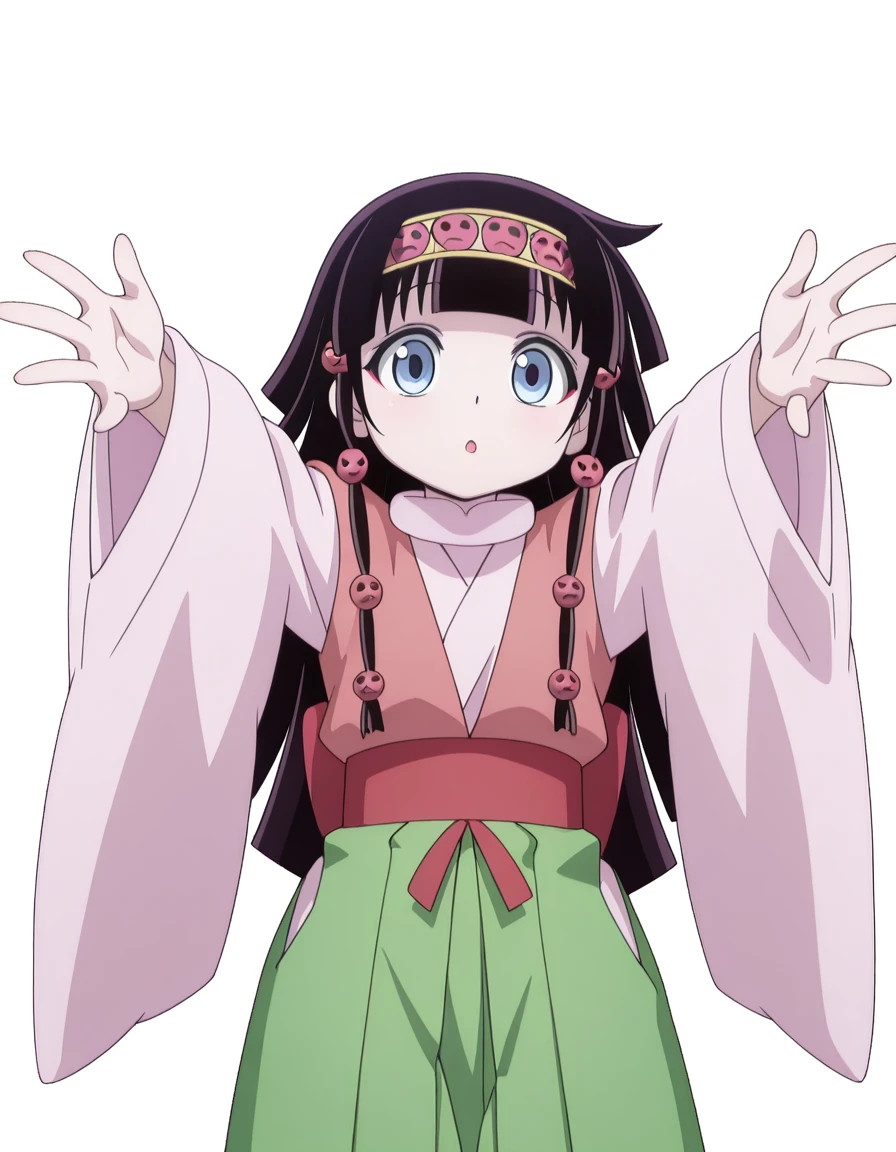 masterpiece, best quality, amazing quality,, <lora:hxh-alluka-anime-illustriousxl-lora-nochekaiser:1>, hxh alluka, long hair, blue eyes, black hair, hair ornament, hairband, blunt bangs, anime screencap,, long sleeves, japanese clothes, wide sleeves, kimono, sash, hakama, green hakama, multicolored clothes, on back, arm support, arms up, incoming hug, pov, reaching, reaching towards viewer,, farmers market, fresh produce, local vendors, baskets, sunny day, community, cowboy shot, solo, looking at viewer, <lora:transparent-background-illustriousxl-lora-nochekaiser:1>, transparent background, simple background, white background