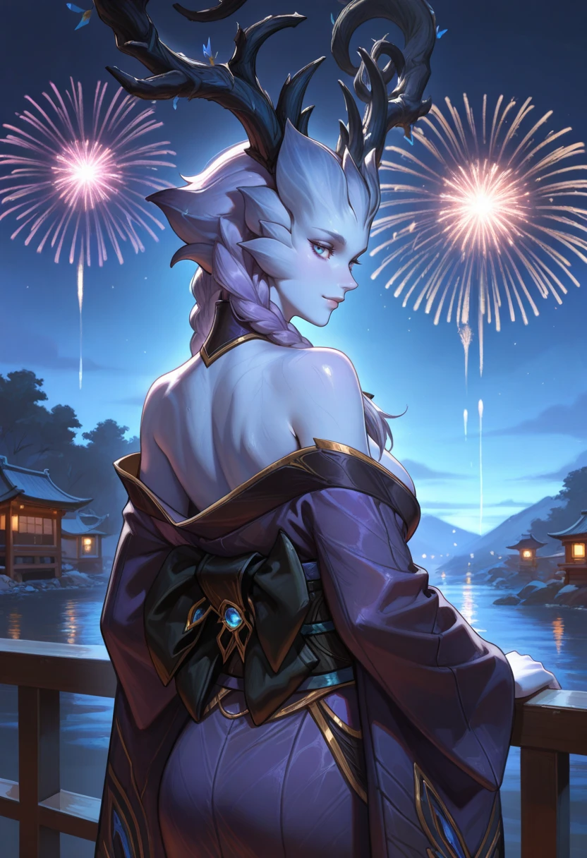 very awa, masterpiece, best quality, absurdres, newest, perfect quality, detailed background, intricate details
<lora:ILWowW1interQu33n:1>
WowW1interQu33n, 1girl, alien, colored skin, braid, blue eyes, long hair, horns, twin braids, antlers, blue eyes, slight smile, looking back, looking at viewer, short hair, purple hair, red eyes, japanese clothes, purple kimono, off shoulder, kimono pull, black sash, bare shoulders, outdoors, night, fireworks
