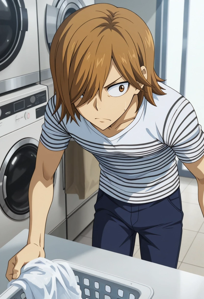 masterpiece, best quality, amazing quality, very aesthetic, high resolution, ultra-detailed, absurdres, newest, colorful, highest detailed, very awa, intricate details, anime screencap, , official style,, entering laundromat, curious glance, canvas tote on shoulder, striped shirt and pants, washers and dryers aligned, detergent bottles nearby, plastic laundry basket, folding table in background, soft diffused lighting, clean indoor space, 1boy, solo, male focus, <lora:hajime_aoyagi_ilxl:1>, hajime_aoyagi, brown hair, brown eyes, hair over one eye,