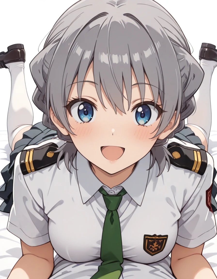 masterpiece, best quality, absurdres, <lora:tachibana_mirei_IL:1>, tachibana mirei, 1girl, solo, silver hair, blue eyes, school uniform, white shirt, short sleeves, plain green necktie, dark-green necktie, pleated skirt, dark-gray skirt, white thighhighs, loafers, emblem on left sleeve, epaulettes, white background, smile, open mouth, lying on belly,